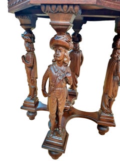 Antique Renaissance Revival Octagon Oak Side Table Atop Four Musketeers