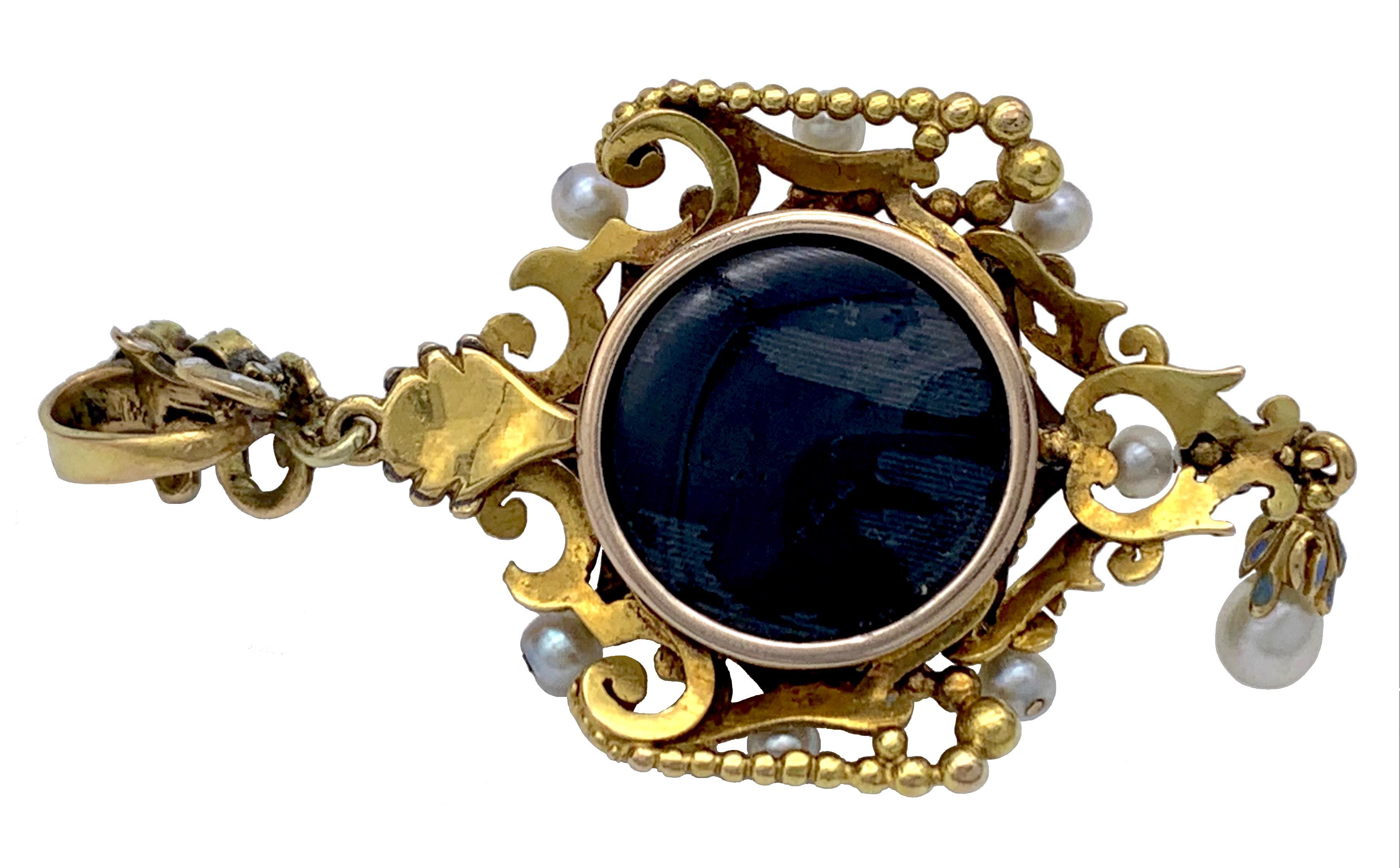 Holbeinesque Antique Renaissance Revival Pendant Satdonyx Enamel 15KT Gold Ruby Oriental Perl For Sale