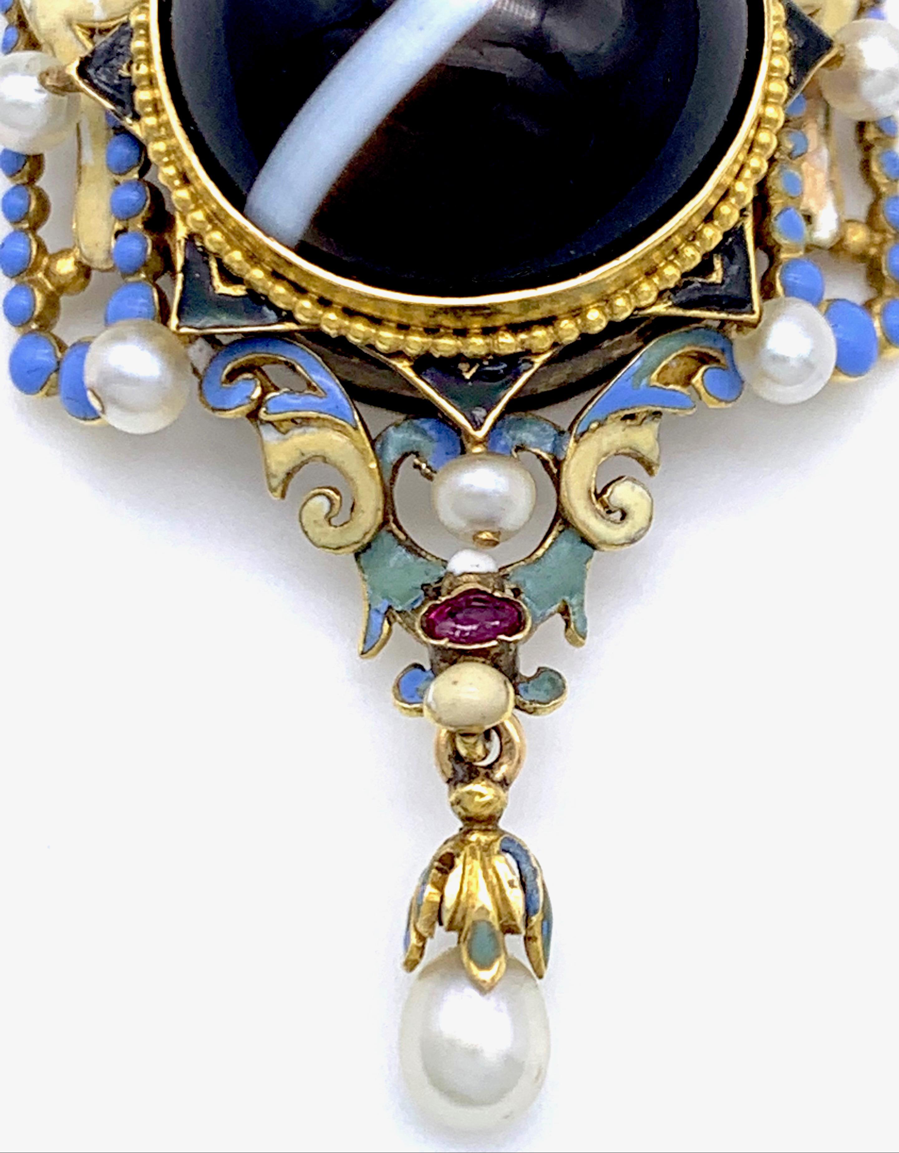 Round Cut Antique Renaissance Revival Pendant Satdonyx Enamel 15KT Gold Ruby Oriental Perl For Sale