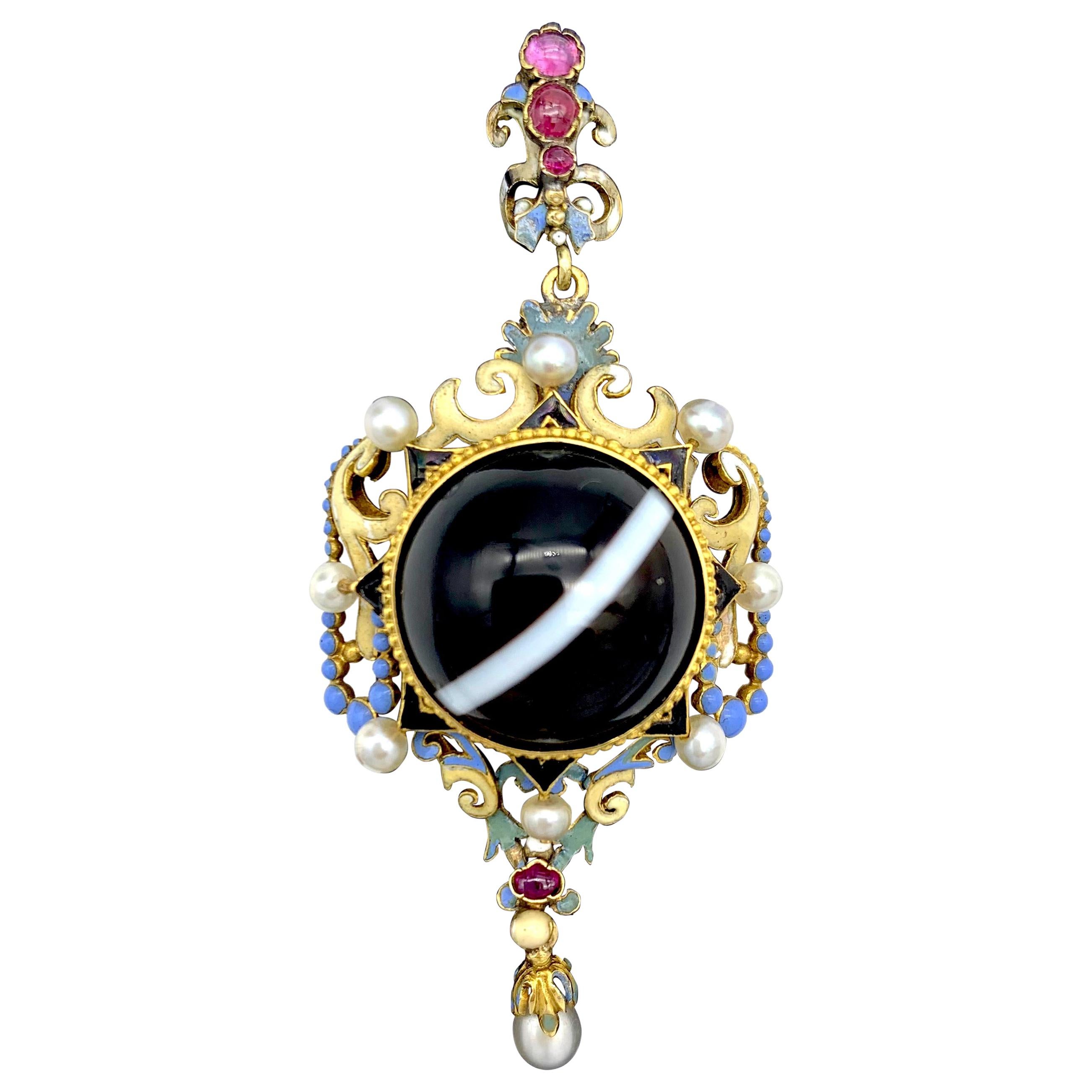 Antique Renaissance Revival Pendant Satdonyx Enamel 15KT Gold Ruby Oriental Perl For Sale