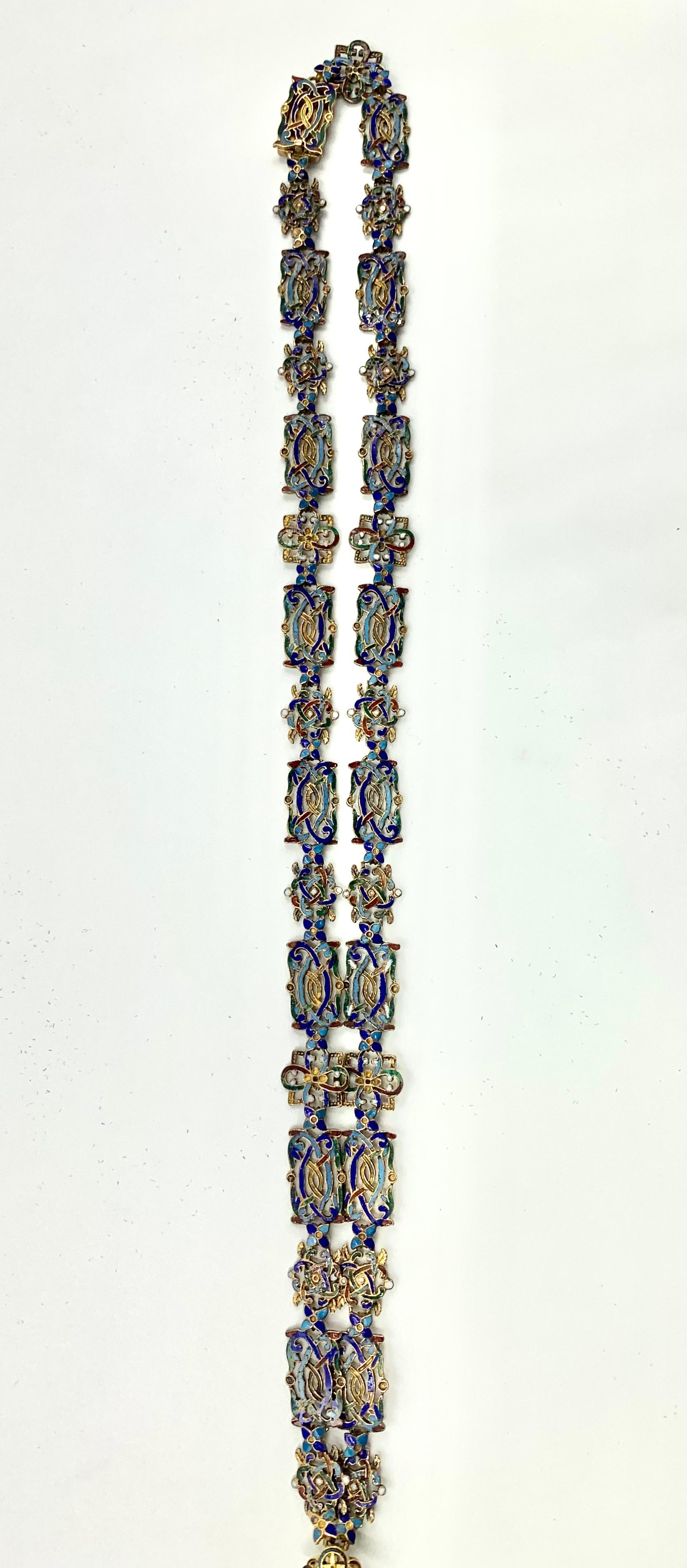 Antique Renaissance Revival Polychrome Enamel, Pearl 14K Gold Cross Necklace For Sale 3