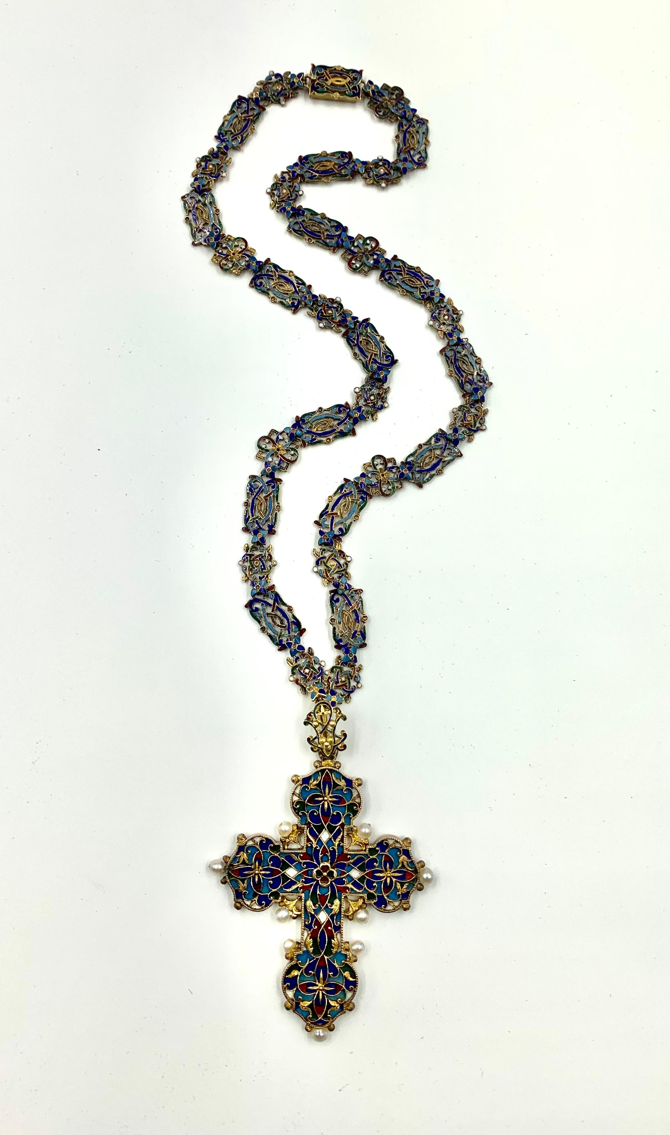 Antique Renaissance Revival Polychrome Enamel, Pearl 14K Gold Cross Necklace For Sale 4