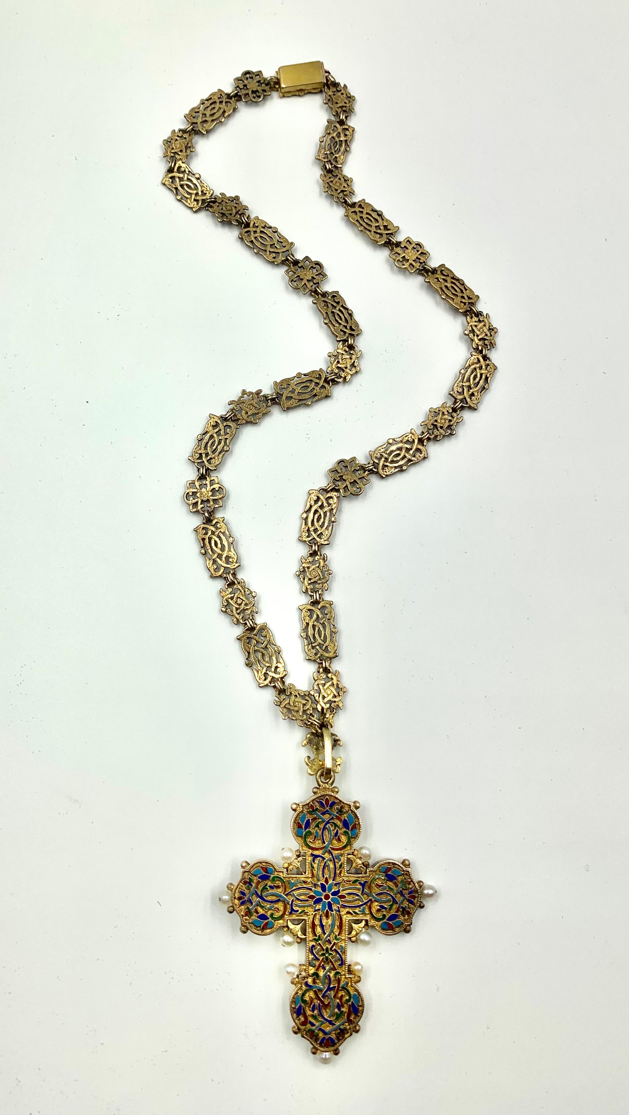 Antique Renaissance Revival Polychrome Enamel, Pearl 14K Gold Cross Necklace For Sale 5