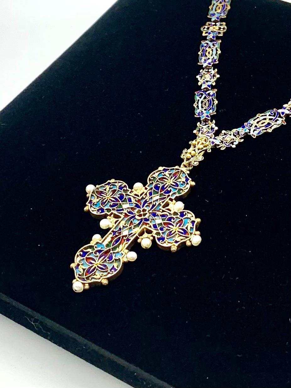 Antique Renaissance Revival Polychrome Enamel, Pearl 14K Gold Cross Necklace For Sale 6