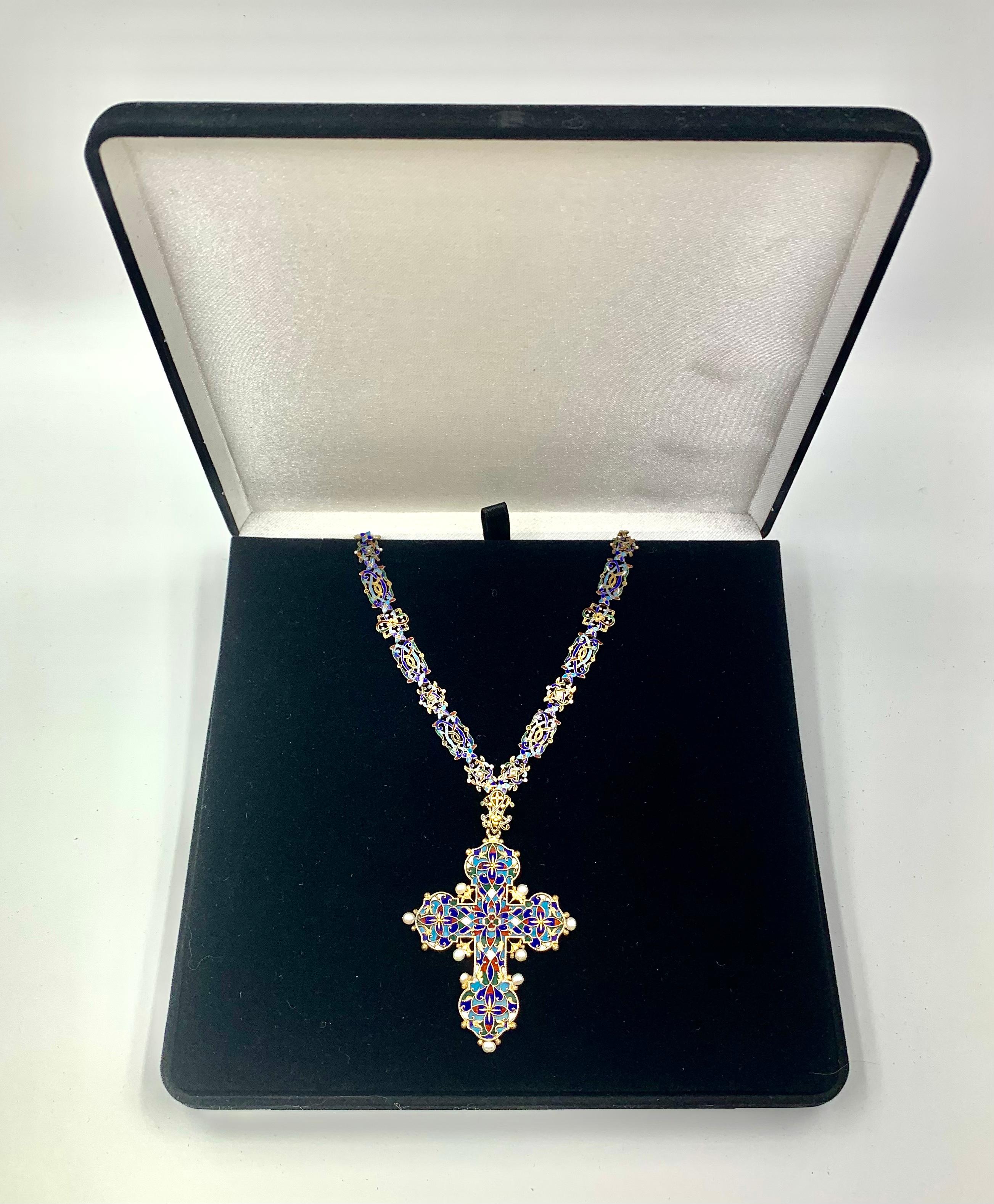 Antique Renaissance Revival Polychrome Enamel, Pearl 14K Gold Cross Necklace For Sale 8