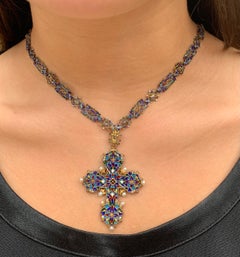 Antique Renaissance Revival Polychrome Enamel, Pearl 14K Gold Cross Necklace