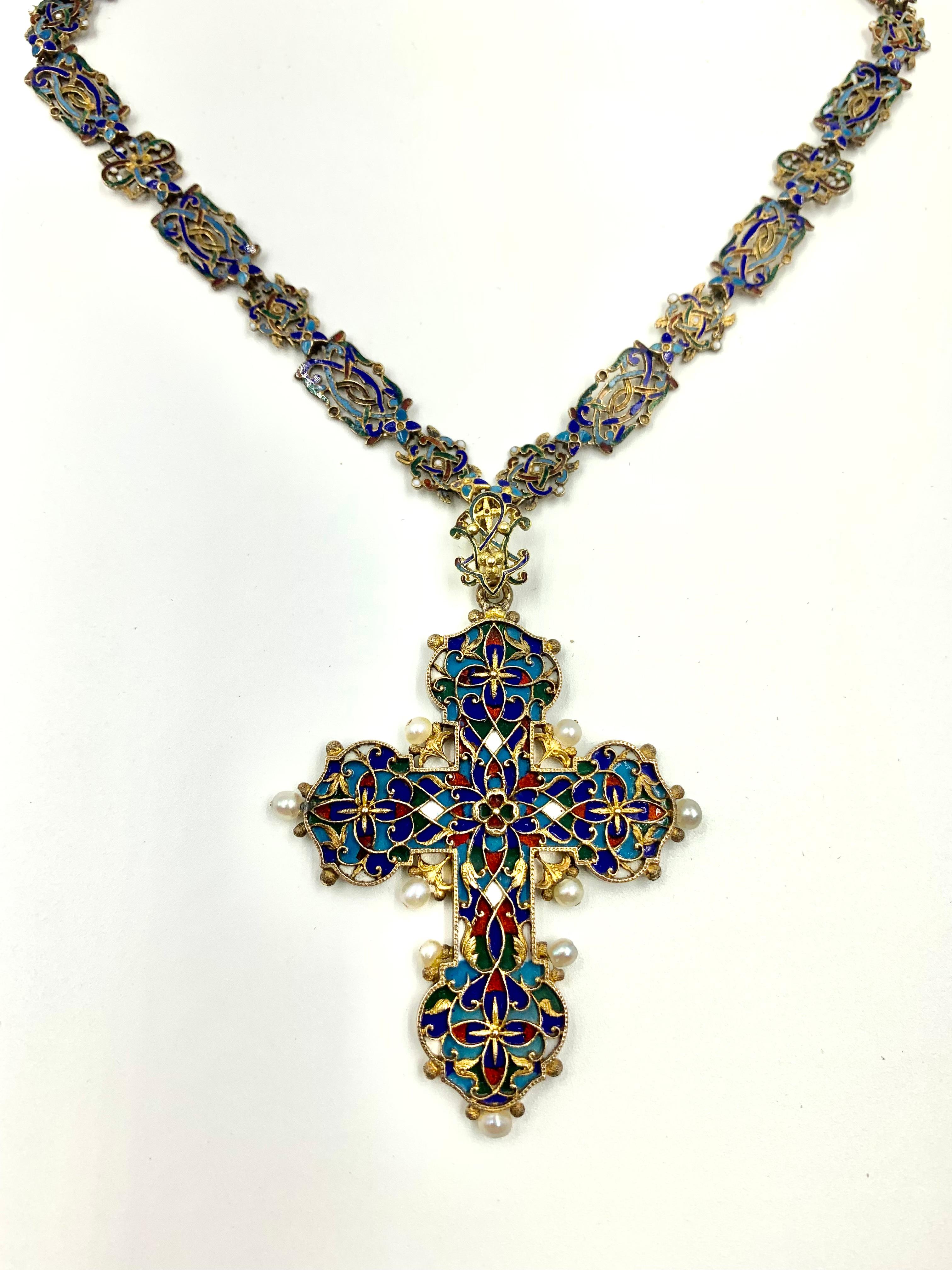 Antique Renaissance Revival Polychrome Enamel, Pearl 14K Gold Cross Necklace In Good Condition For Sale In New York, NY