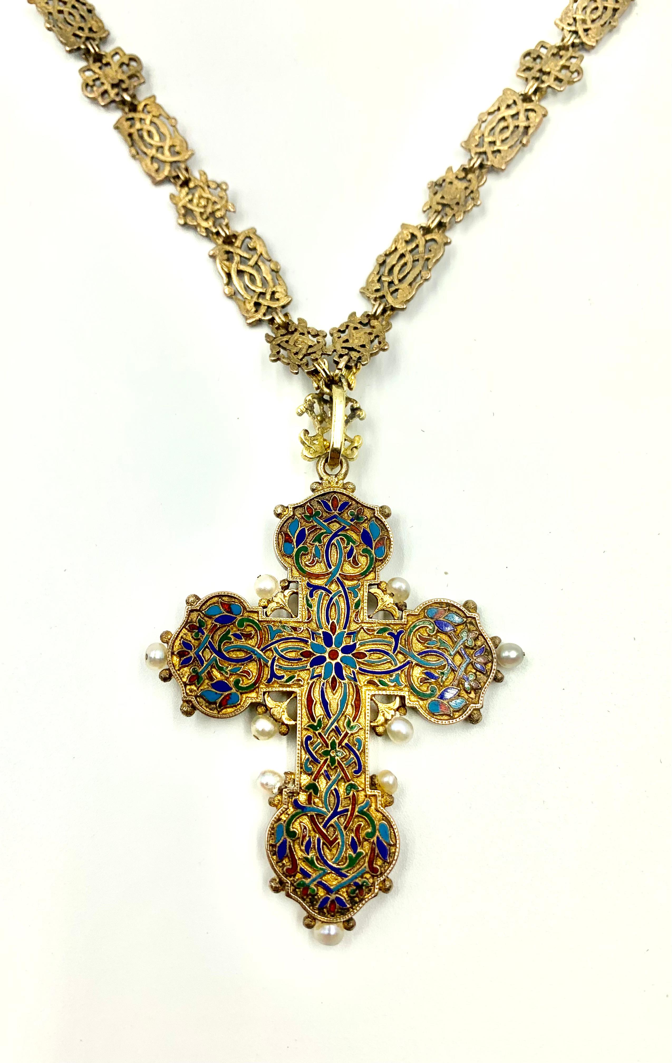 Women's or Men's Antique Renaissance Revival Polychrome Enamel, Pearl 14K Gold Cross Necklace For Sale