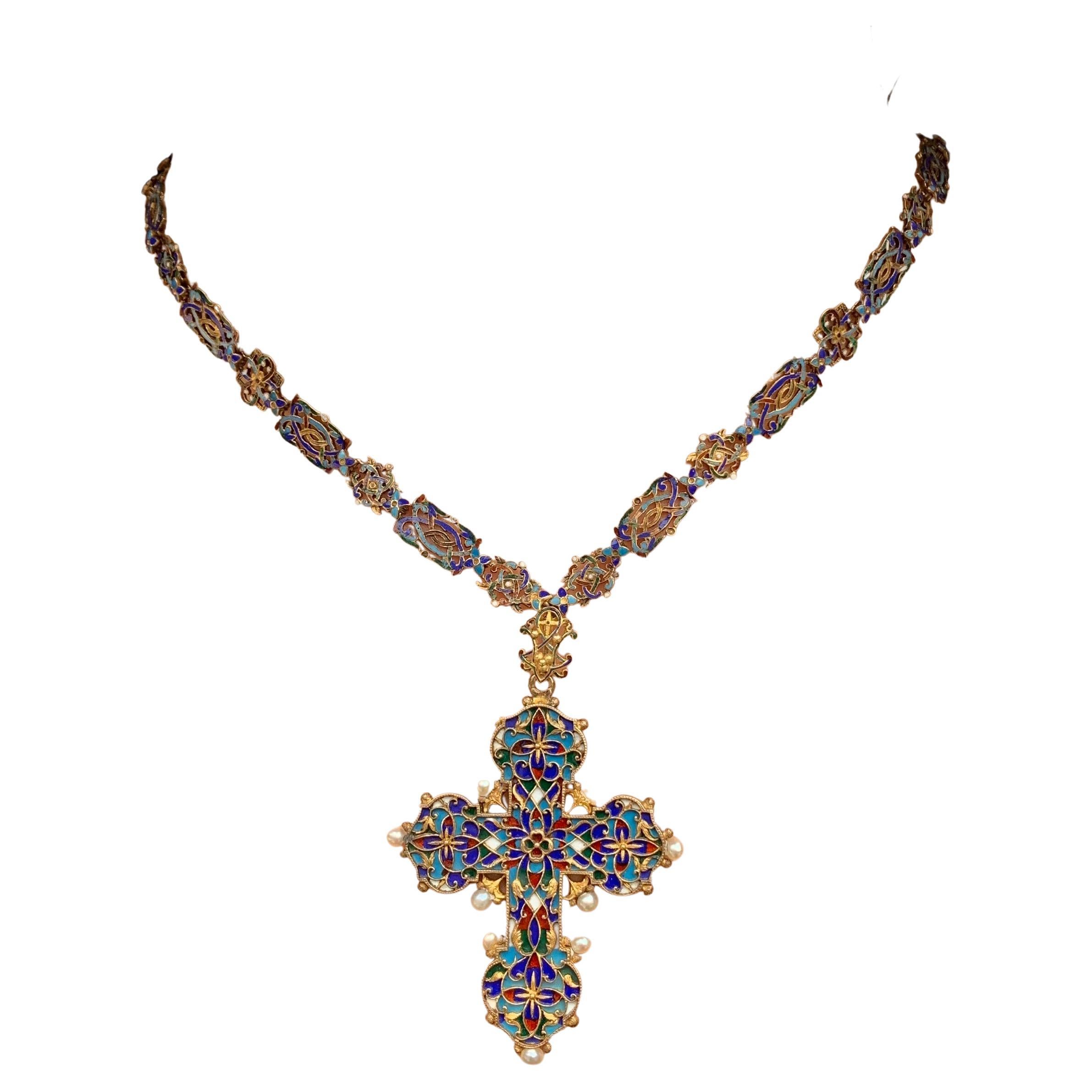 Antique Renaissance Revival Polychrome Enamel, Pearl 14K Gold Cross Necklace