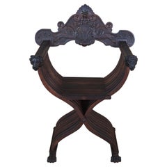 Antique Renaissance Revival Savonarola X Folding Lion Head Throne Arm Chair