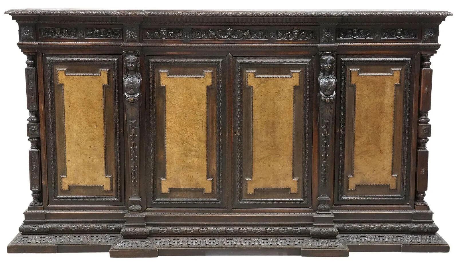European Antique Renaissance Revival Style, Carved, Walnut, 108.5 Ins .L Sideboard!! For Sale