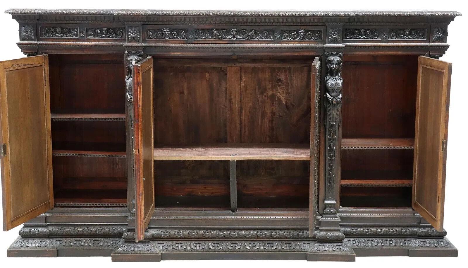 Antique Renaissance Revival Style, Carved, Walnut, 108.5 Ins .L Sideboard!! In Good Condition For Sale In Austin, TX