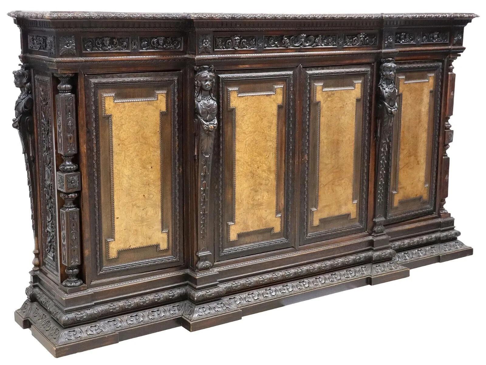 Antique Renaissance Revival Style, Carved, Walnut, 108.5 Ins .L Sideboard!! For Sale