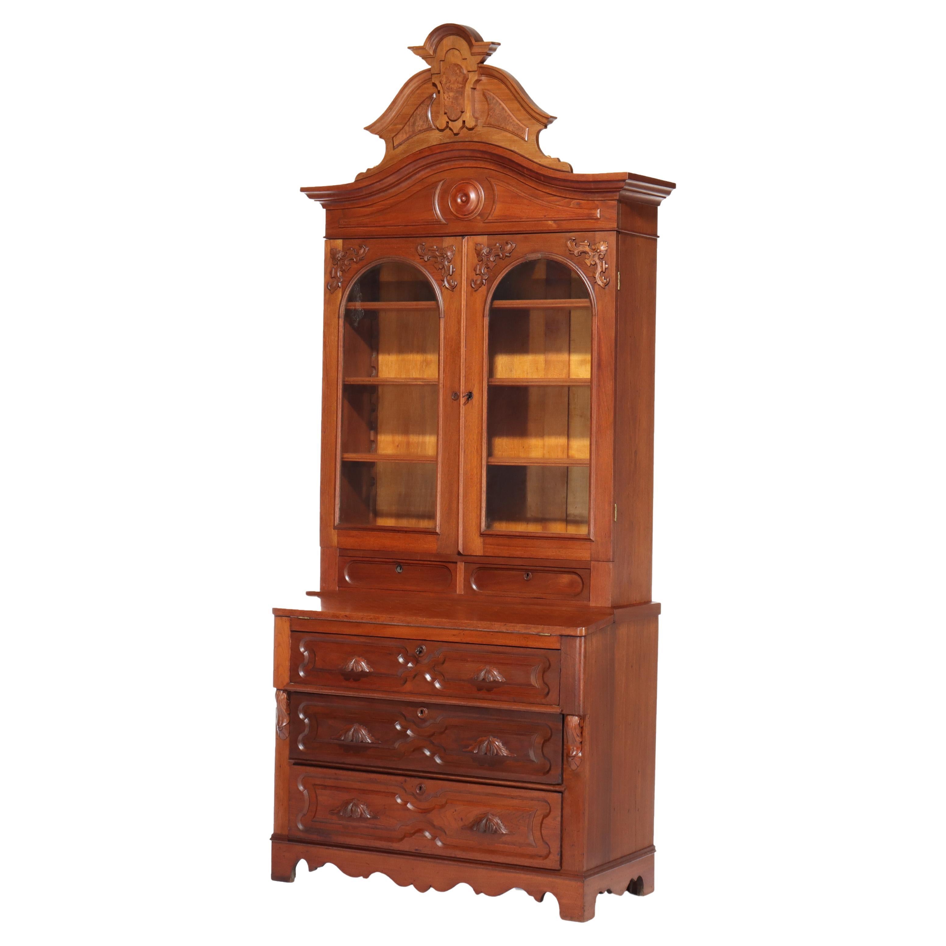 Antiker viktorianischer Sekretär aus geschnitztem Nussbaum und Wurzelholz im Renaissance-Stil um 1890 im Angebot