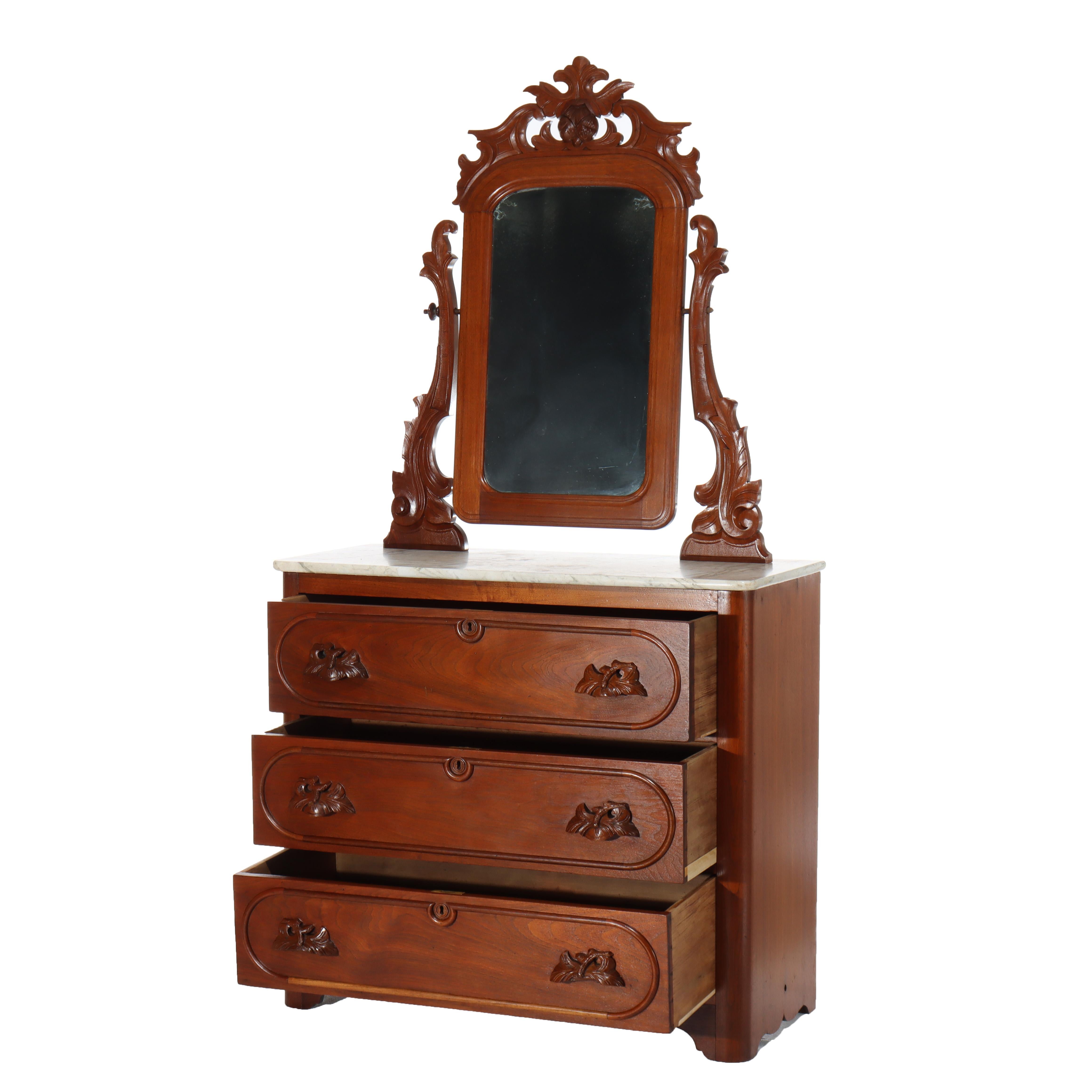 Coffre à 3 tiroirs en noyer à dessus en marbre, avec poignées sculptées et miroir, datant de la Renaissance C1890

Mesures - 72 3/4