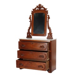 Antique Renaissance Revival Walnut 3-Drawer Marble Top Chest c1890