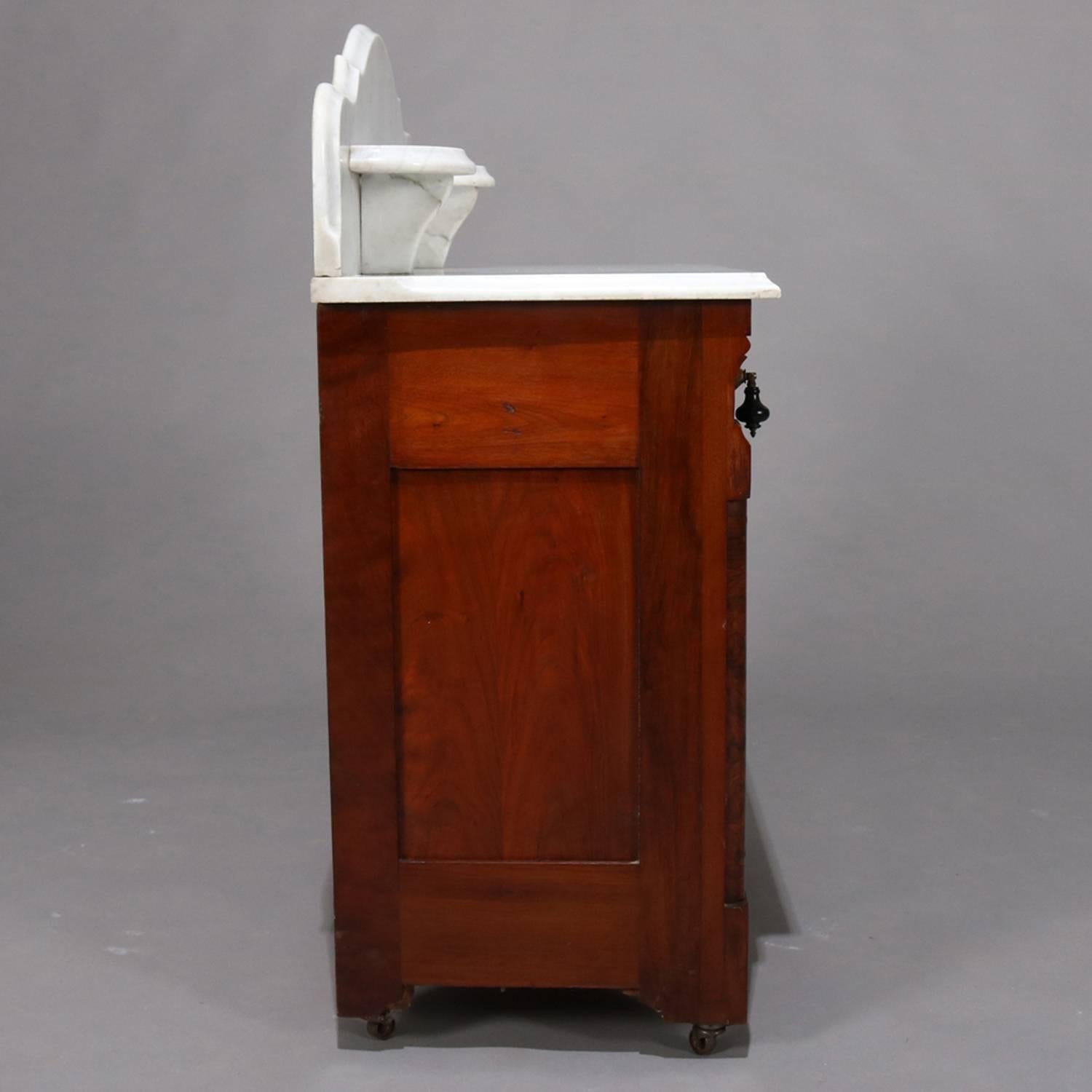 American Antique Renaissance Revival Walnut and Burl Marble Top Wash Stand Cabinet