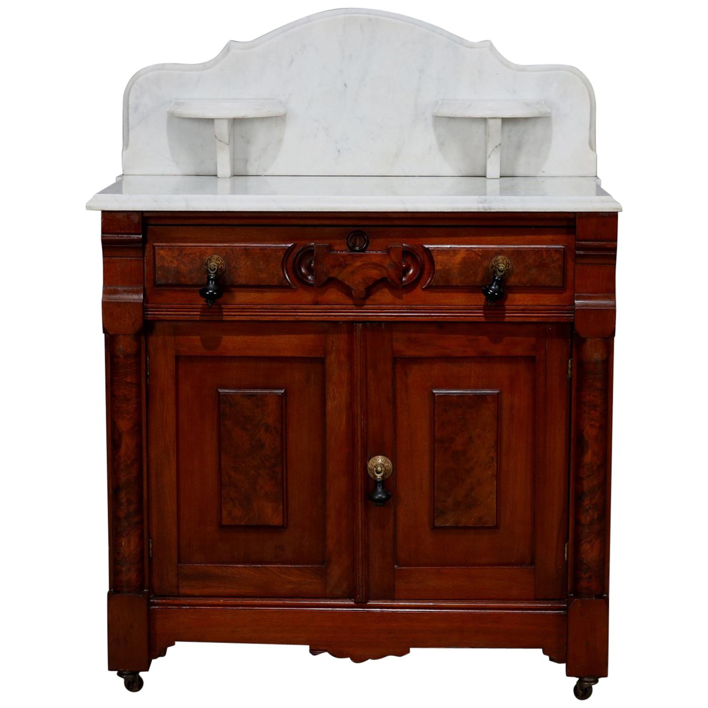 Antique Renaissance Revival Walnut and Burl Marble Top Wash Stand Cabinet