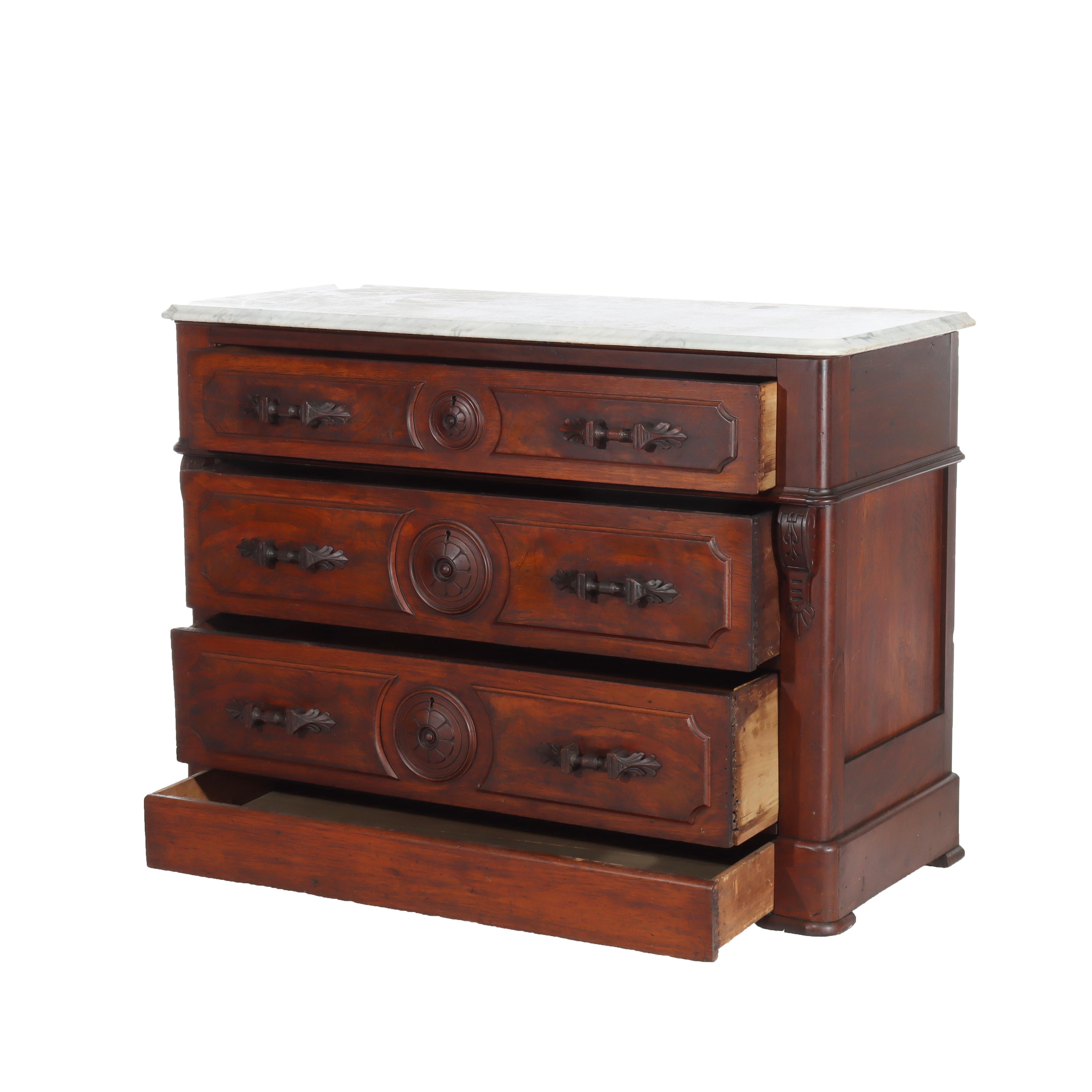 Ancienne commode à 4 tiroirs à dessus de marbre en noyer et ronce Renaissance c1890 en vente 1