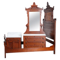 Antique Renaissance Revival Walnut, Burl and Marble Bedroom Set, circa 1890