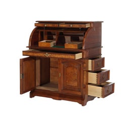 Antique Renaissance Revival Walnut & Burl Barrel Roll Top Desk C1890