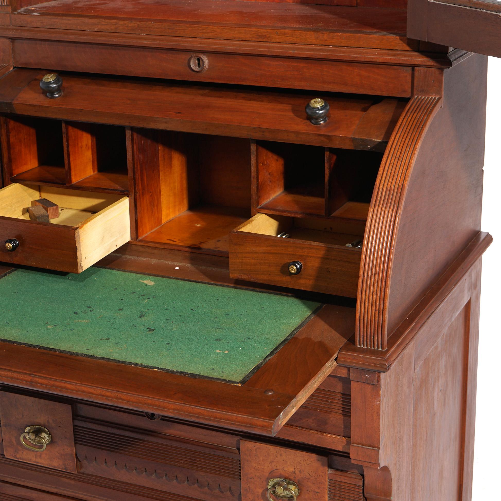 Antique Renaissance Revival Walnut & Burl Barrel Roll Top Desk, C1890 In Good Condition In Big Flats, NY