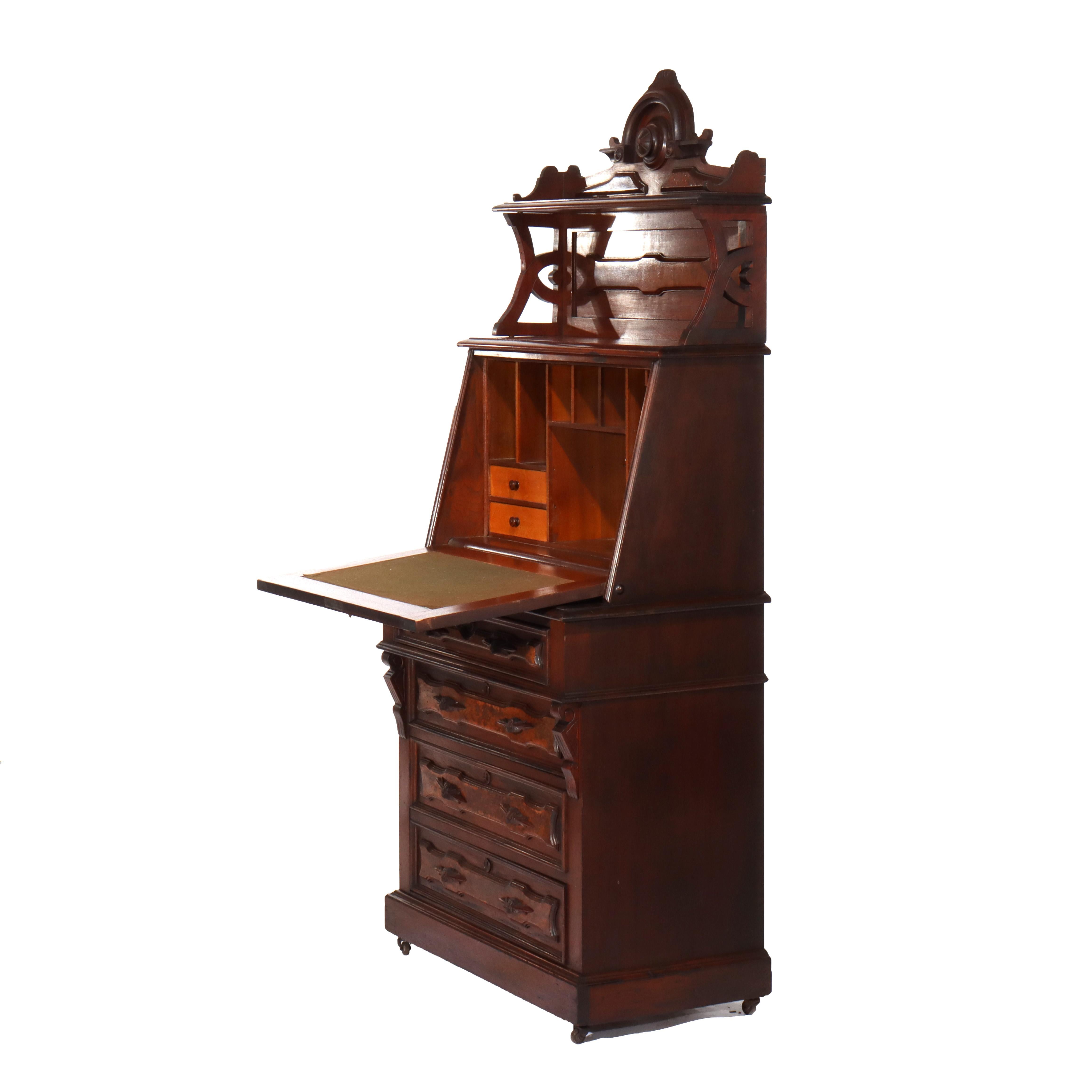 Antique Renaissance Revival Walnut & Burl Four-Drawer Drop Front Secretary c1880 For Sale 6