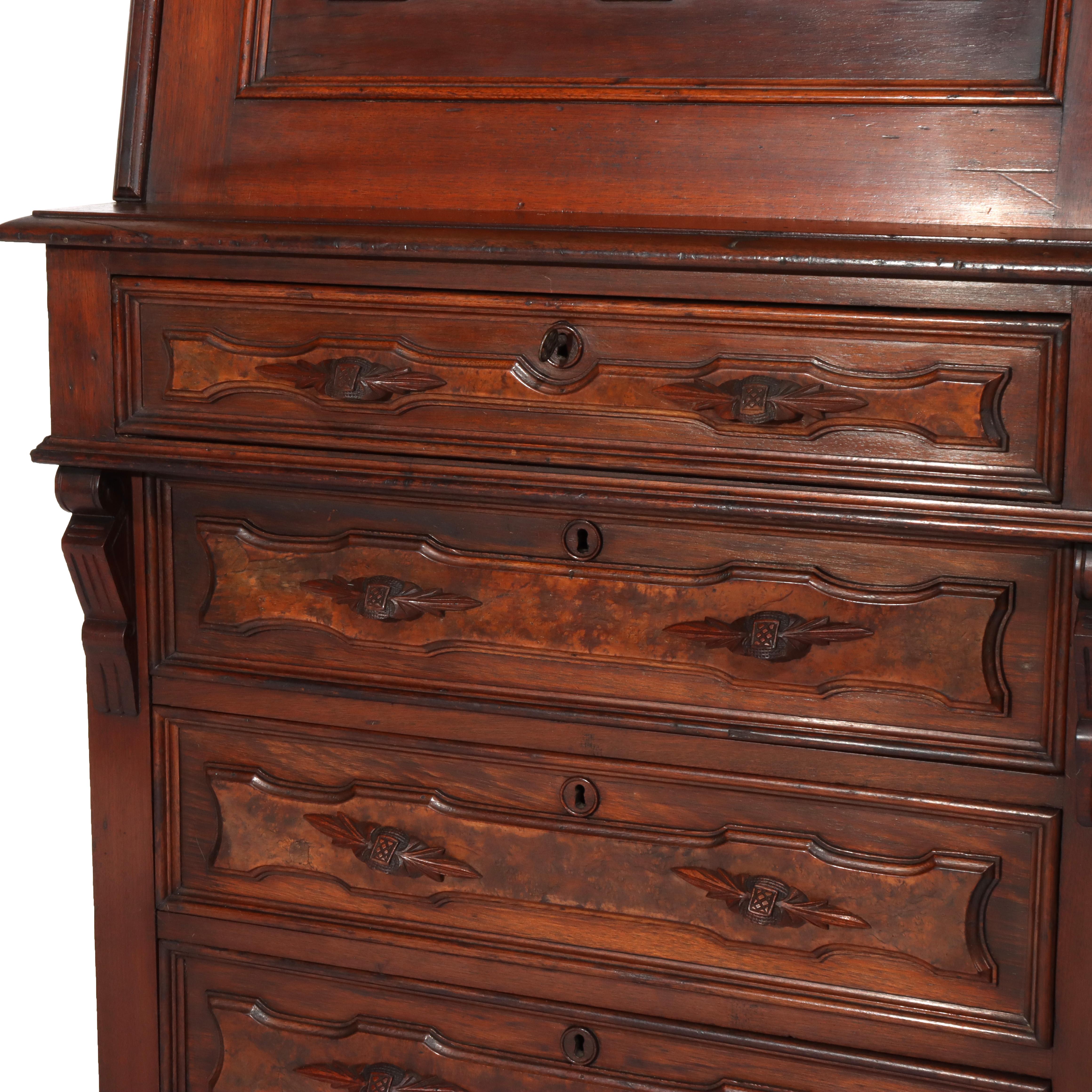 Antique Renaissance Revival Walnut & Burl Four-Drawer Drop Front Secretary c1880 In Good Condition For Sale In Big Flats, NY