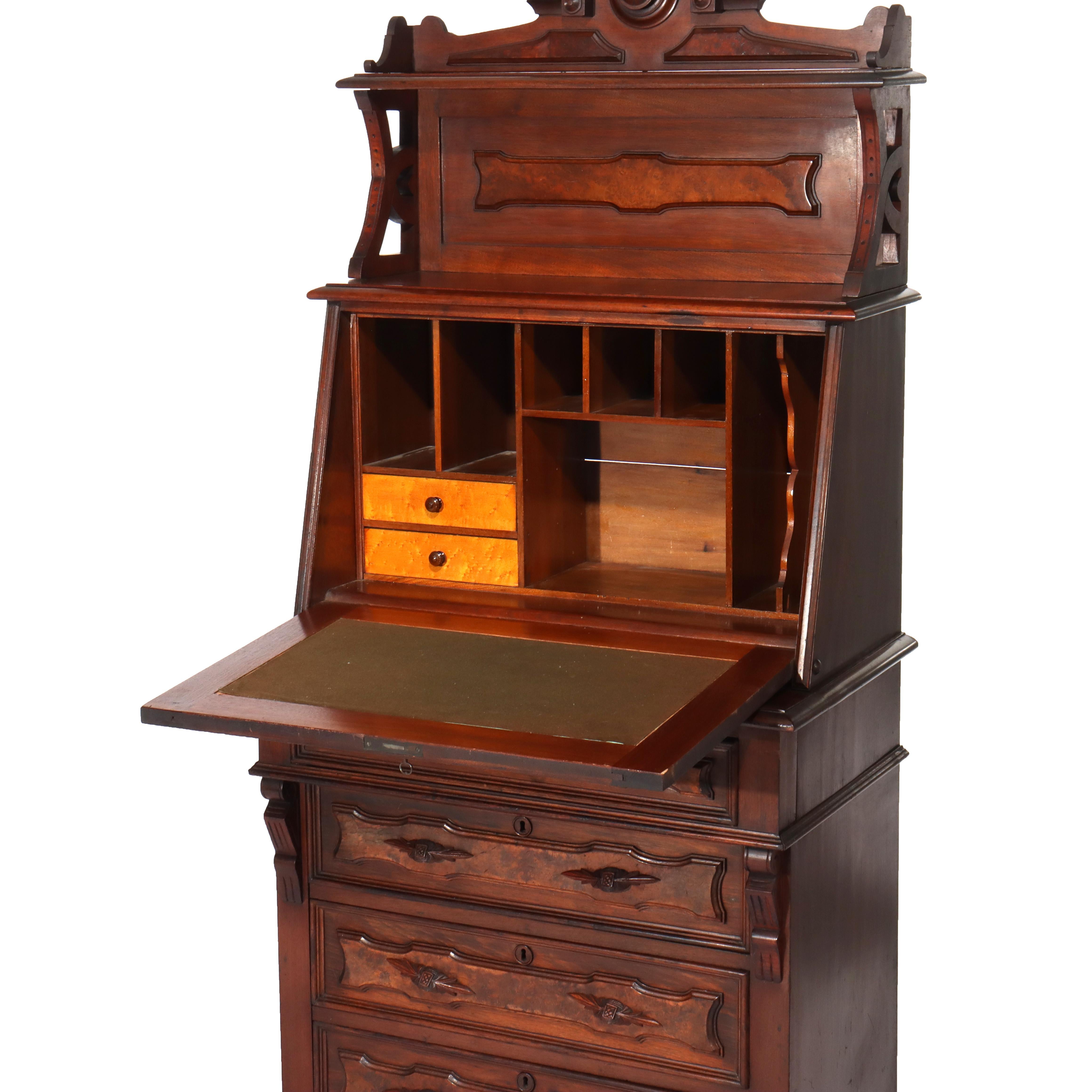 Antique Renaissance Revival Walnut & Burl Four-Drawer Drop Front Secretary c1880 For Sale 3