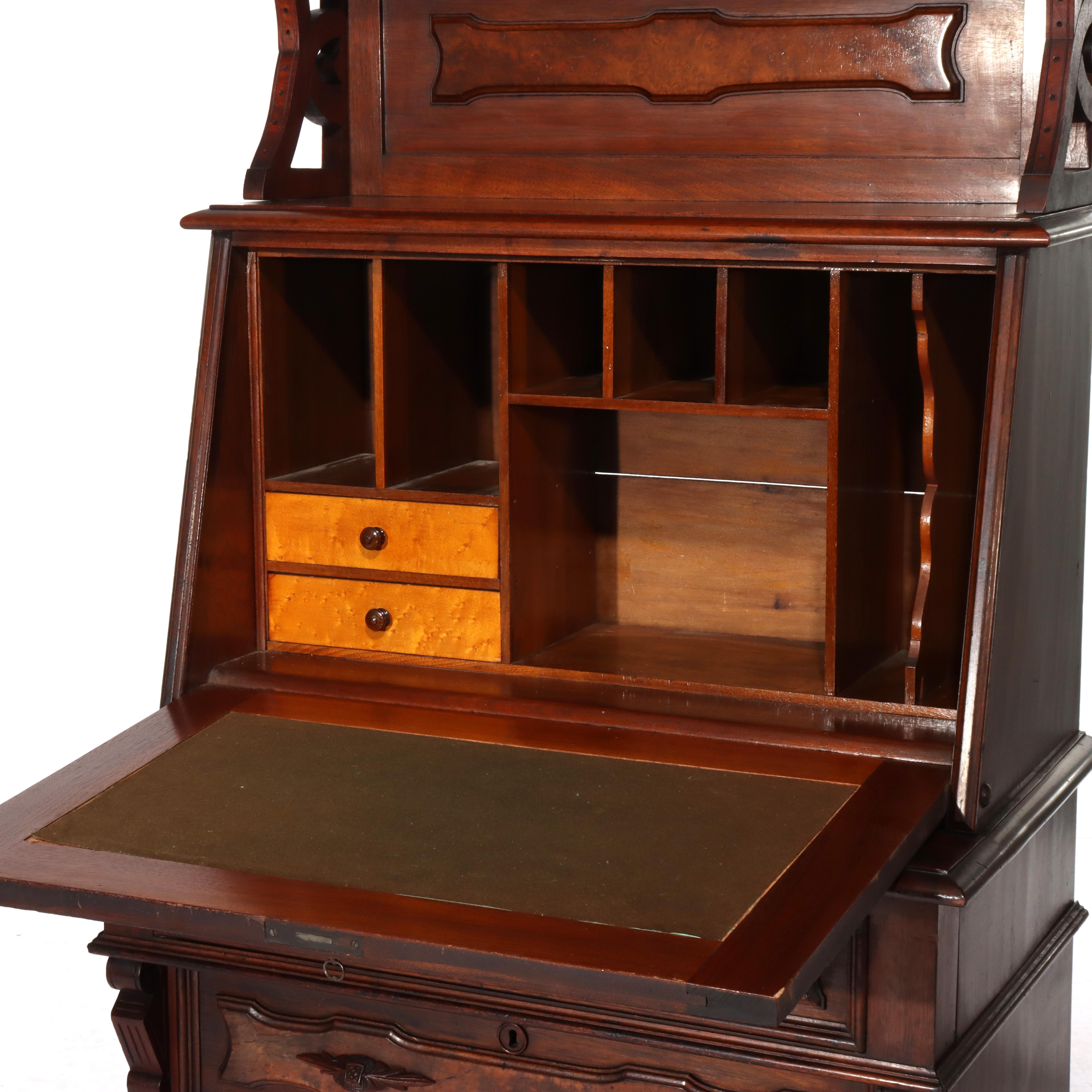 Antique Renaissance Revival Walnut & Burl Four-Drawer Drop Front Secretary c1880 For Sale 4