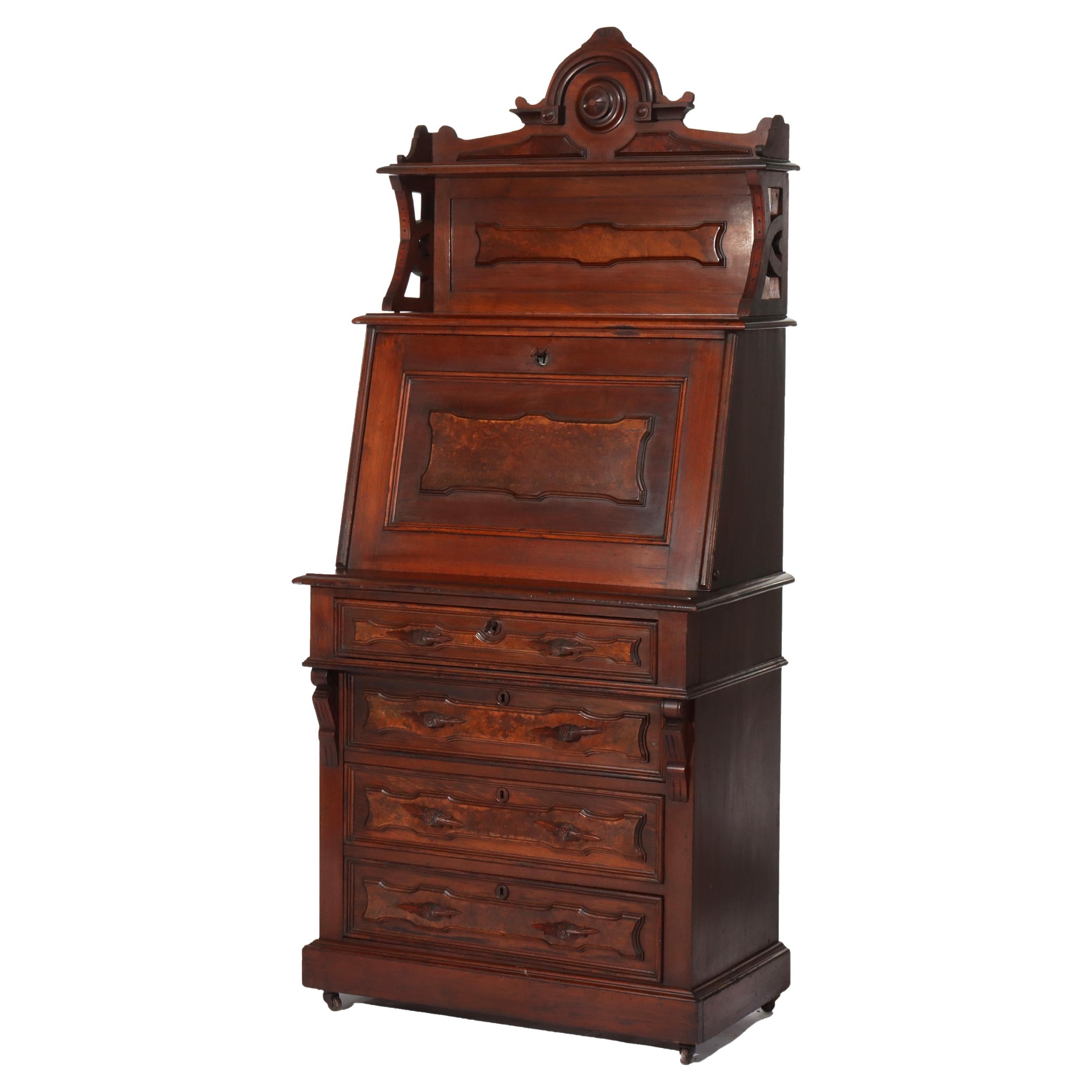 Antique Renaissance Revival Walnut & Burl Four-Drawer Drop Front Secretary c1880 For Sale