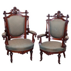 Antique Renaissance Revival Walnut & Burl Ladies & Gents Parlor Armchairs, c1870