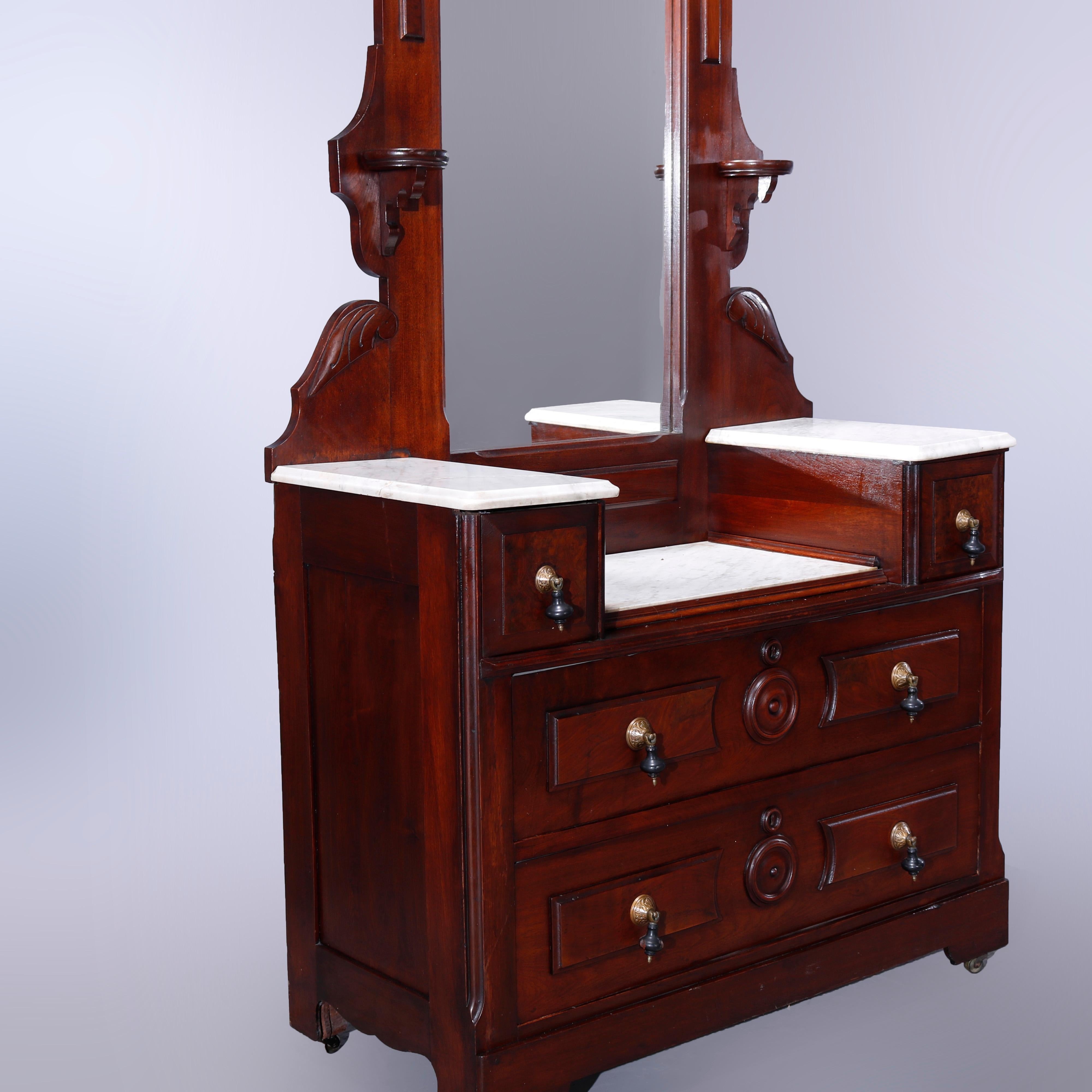 Antique Renaissance Revival Walnut, Burl & Marble Drop-Center Dresser 1890 3