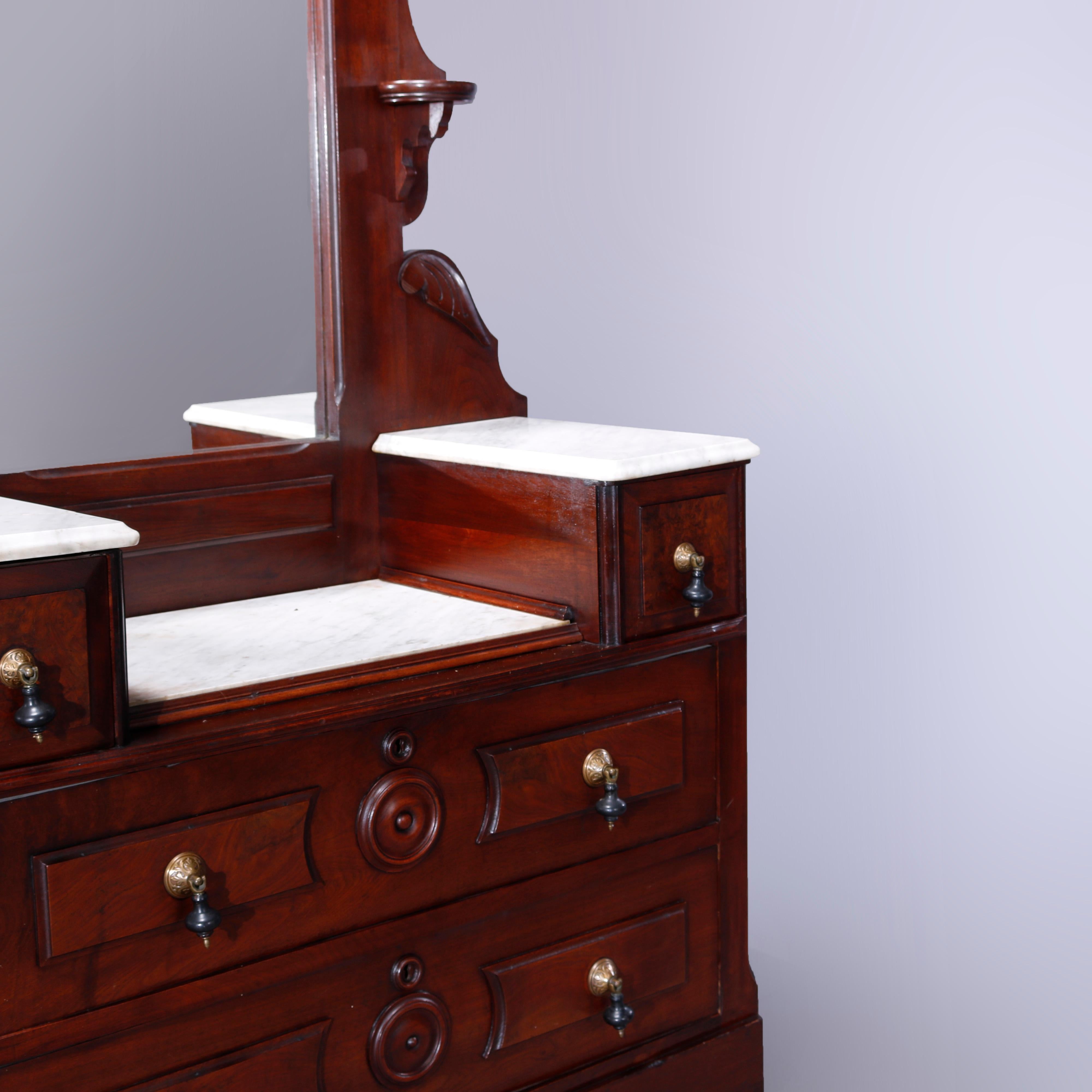 Antique Renaissance Revival Walnut, Burl & Marble Drop-Center Dresser 1890 4