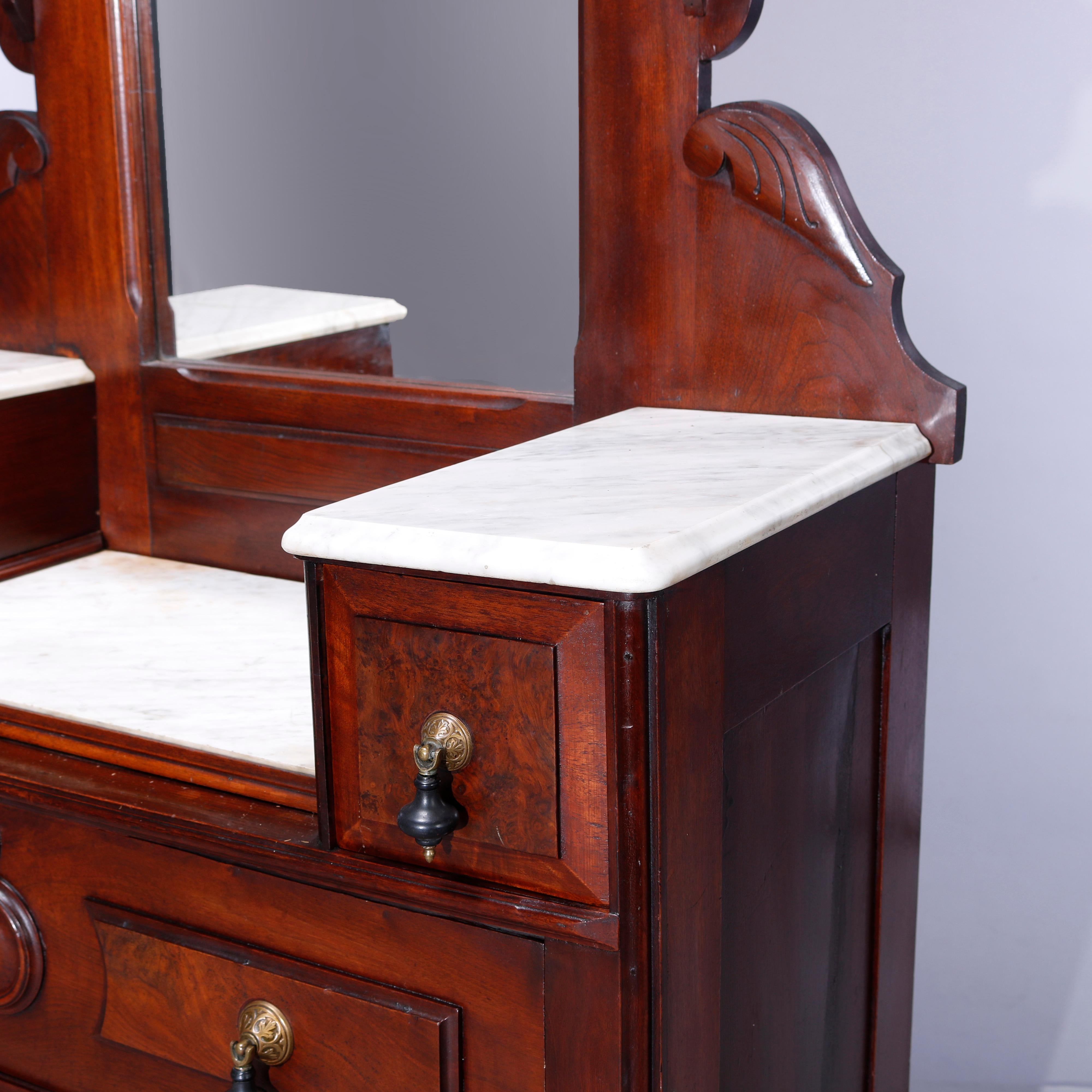 Antique Renaissance Revival Walnut, Burl & Marble Drop-Center Dresser 1890 6