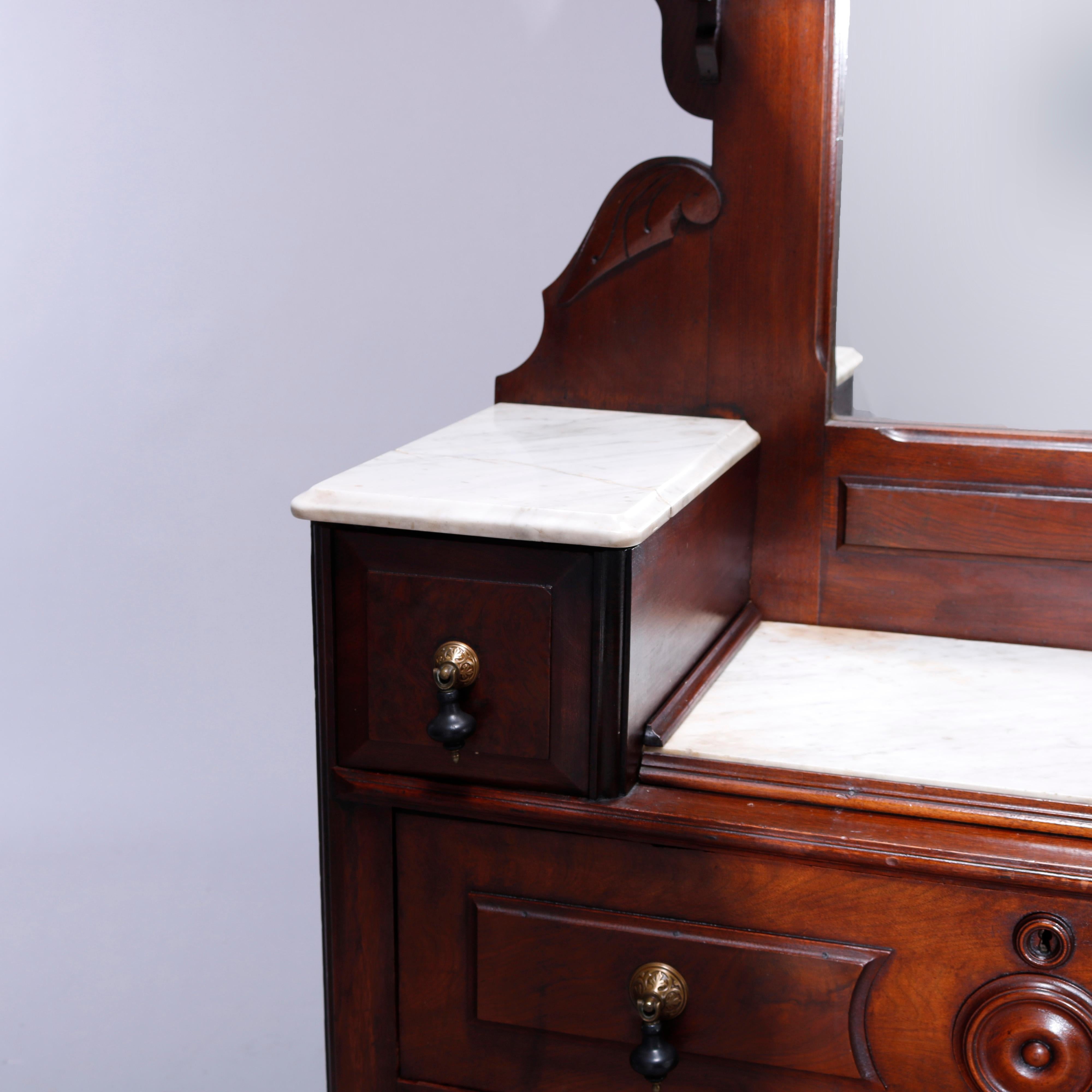 Antique Renaissance Revival Walnut, Burl & Marble Drop-Center Dresser 1890 7