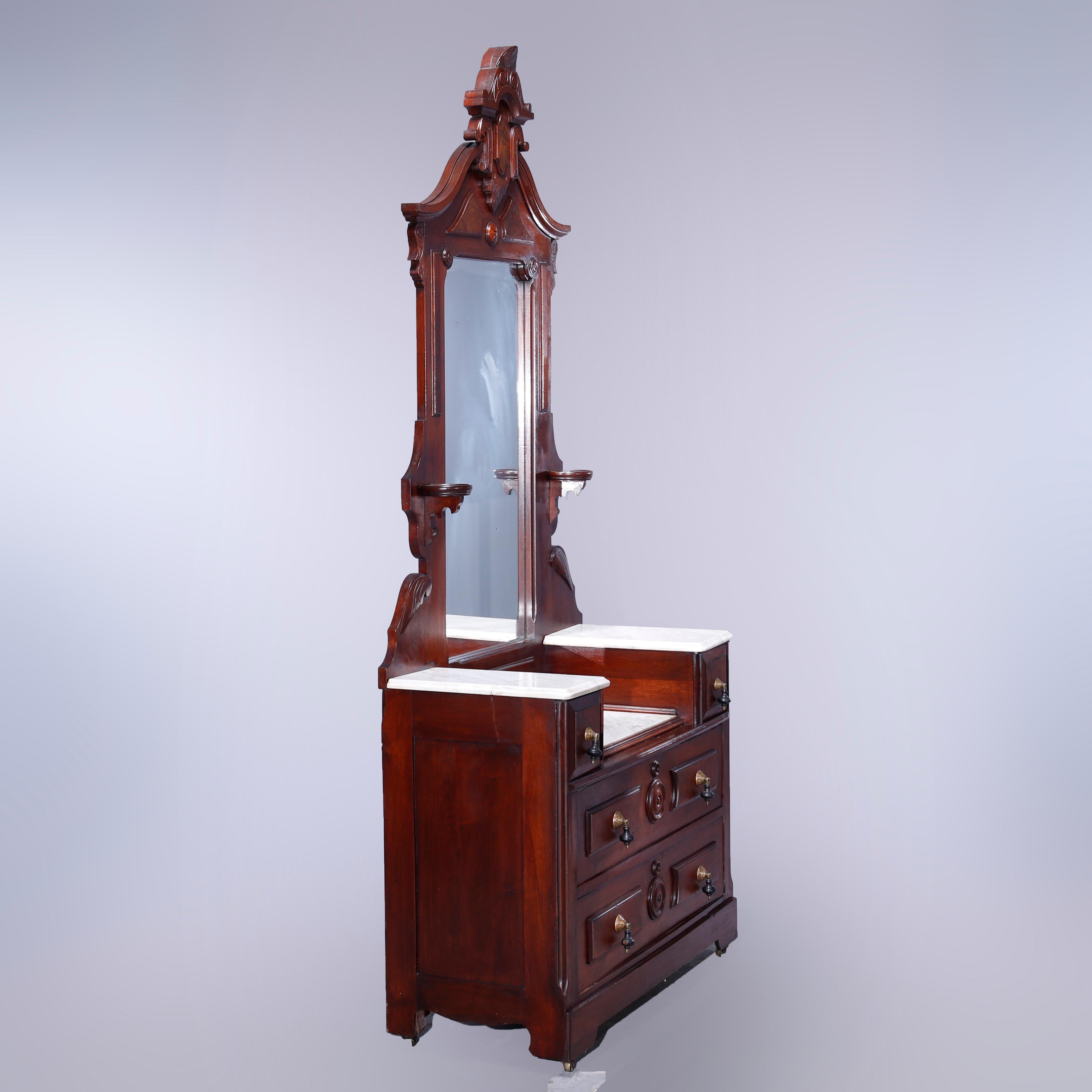 American Antique Renaissance Revival Walnut, Burl & Marble Drop-Center Dresser 1890