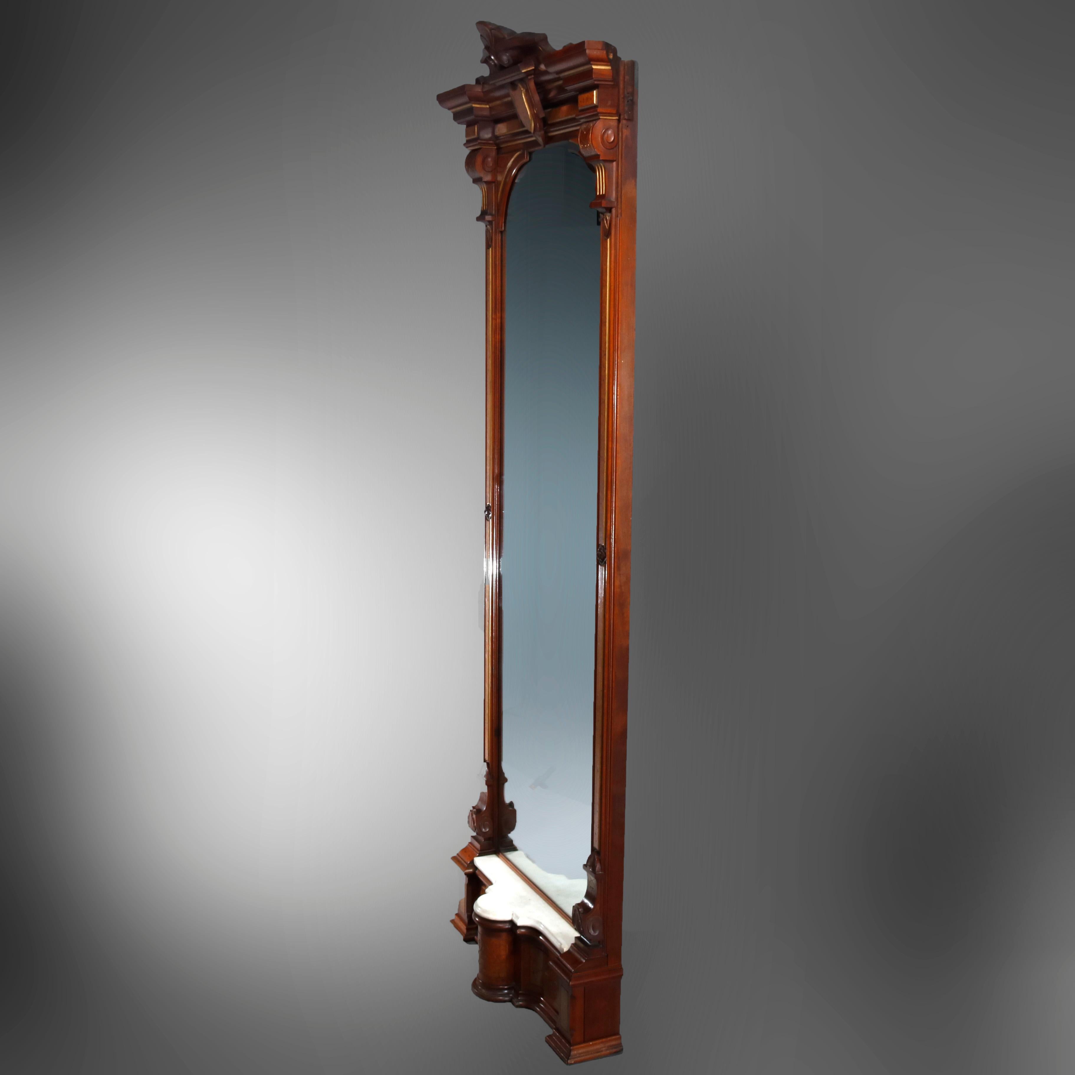 American Antique Renaissance Revival Walnut, Burl and Marble Parcel-Gilt Pier Mirror