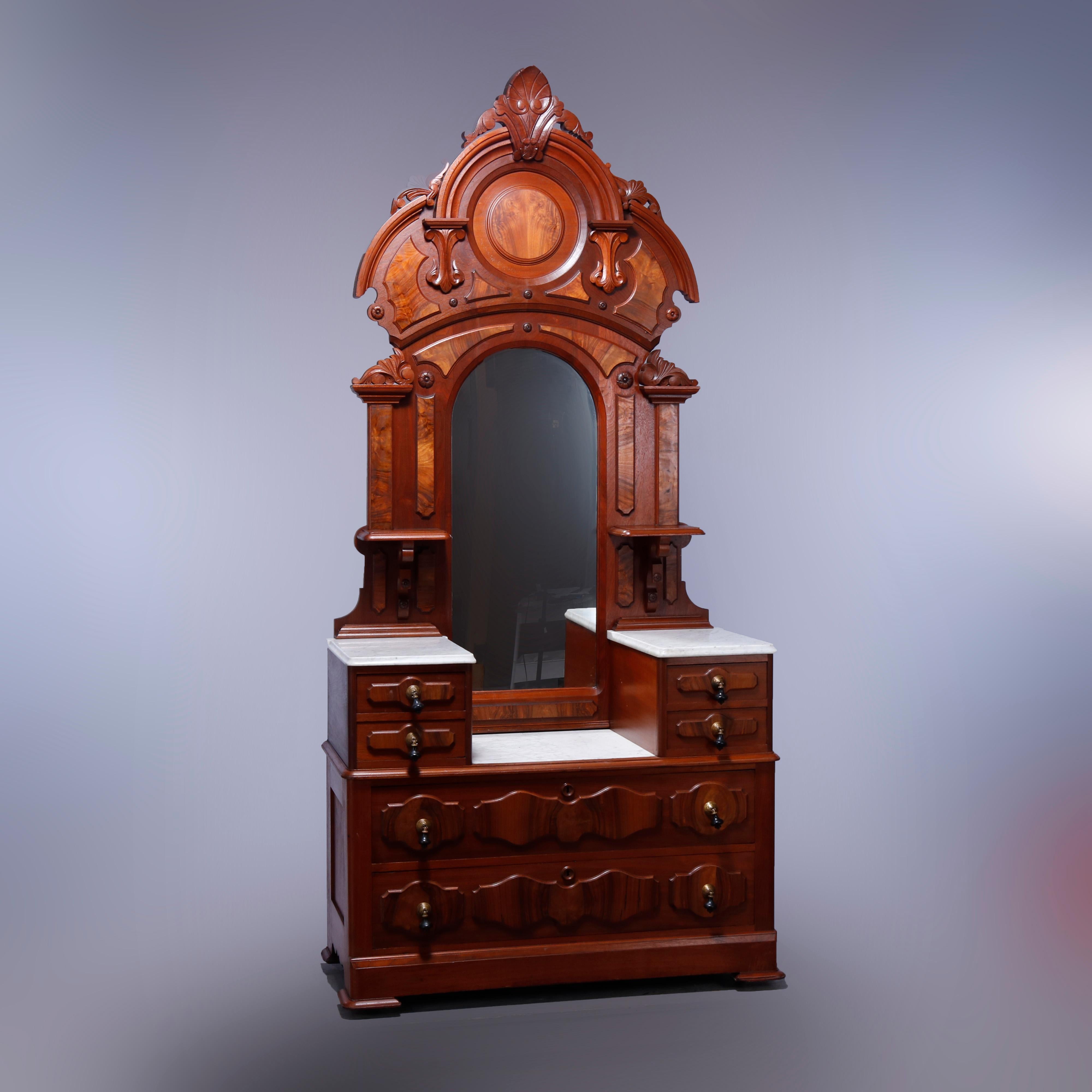 Antique Renaissance Revival Walnut & Burl Marble Top Drop Center Dresser, c1880 4
