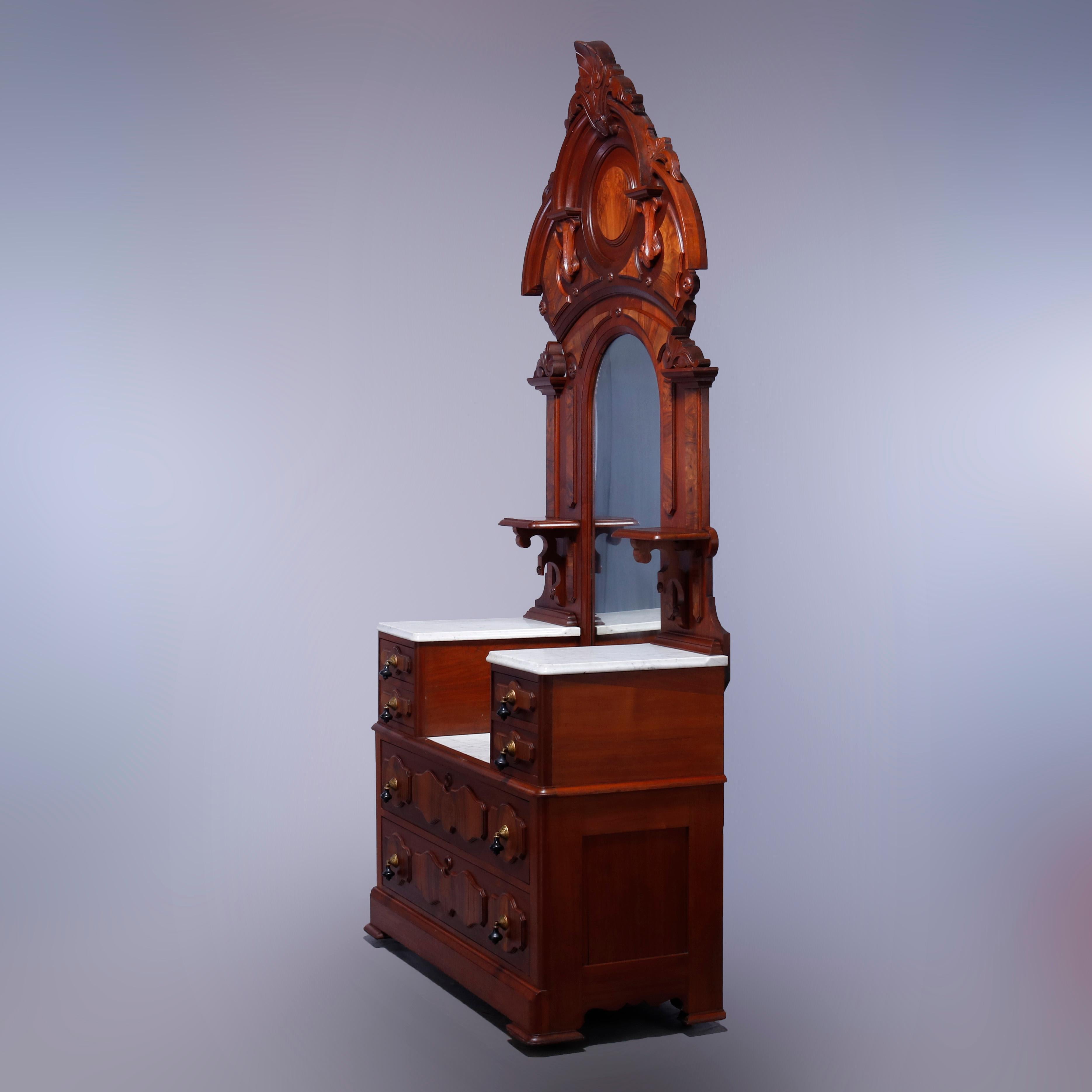 Antique Renaissance Revival Walnut & Burl Marble Top Drop Center Dresser, c1880 5