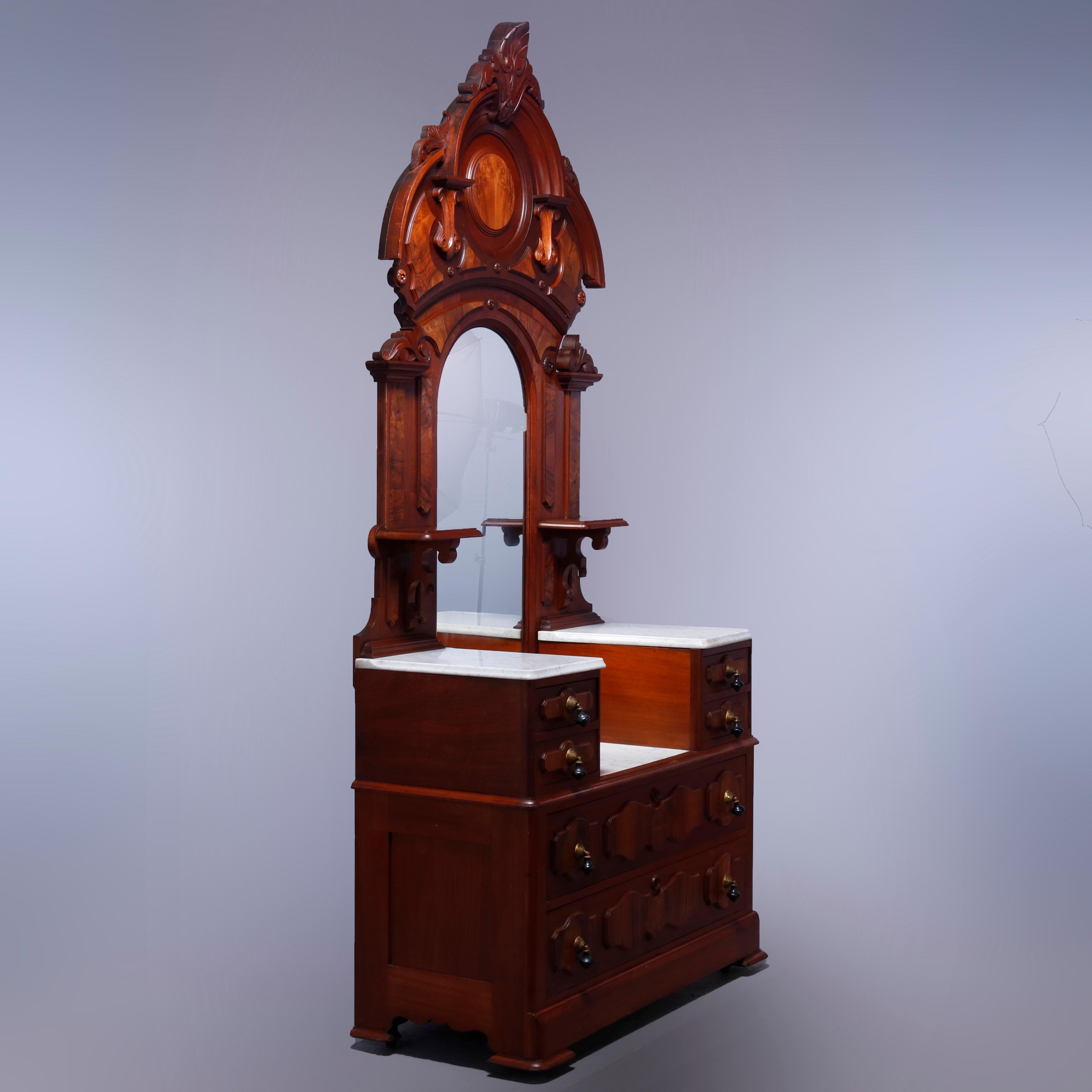 Antique Renaissance Revival Walnut & Burl Marble Top Drop Center Dresser, c1880 8