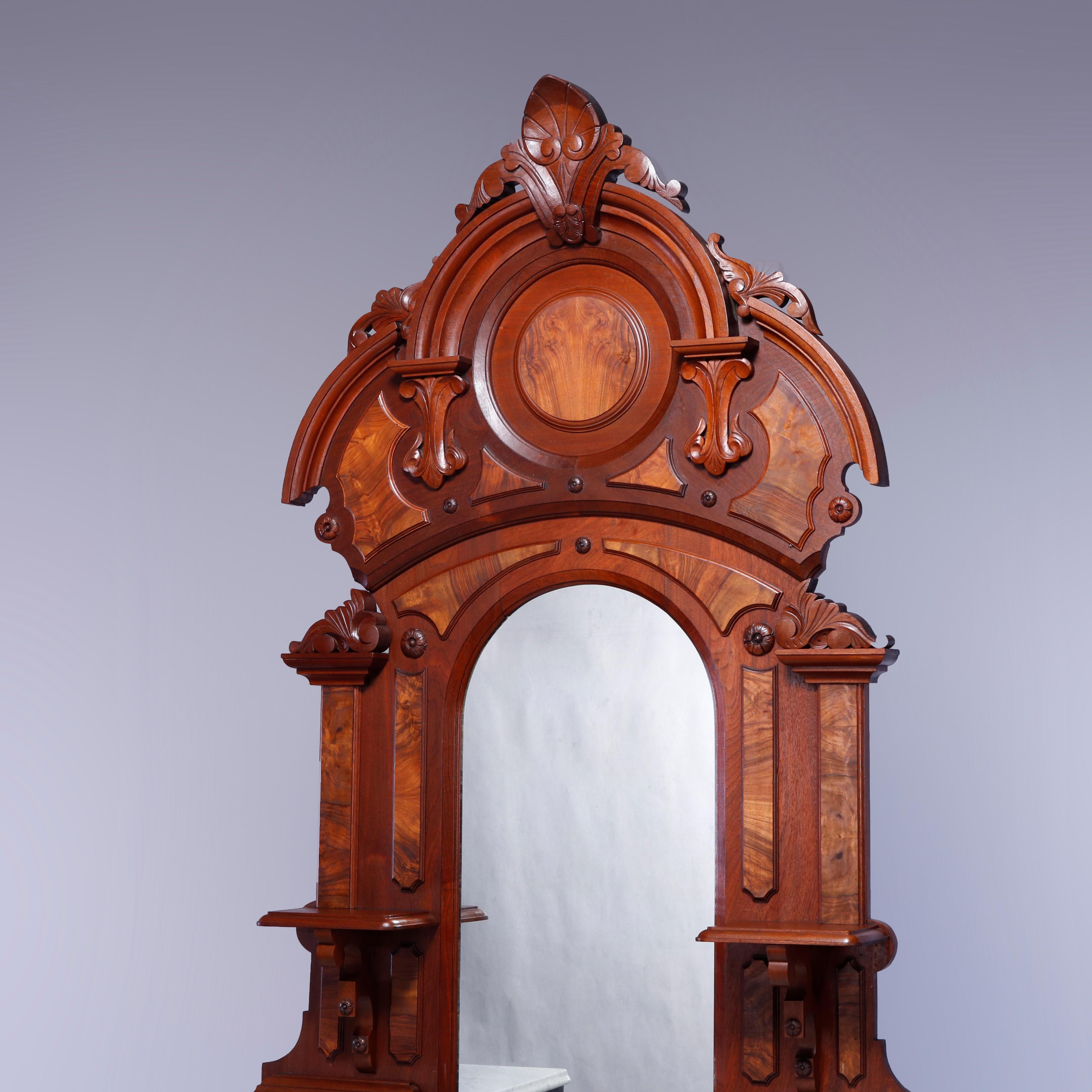 European Antique Renaissance Revival Walnut & Burl Marble Top Drop Center Dresser, c1880