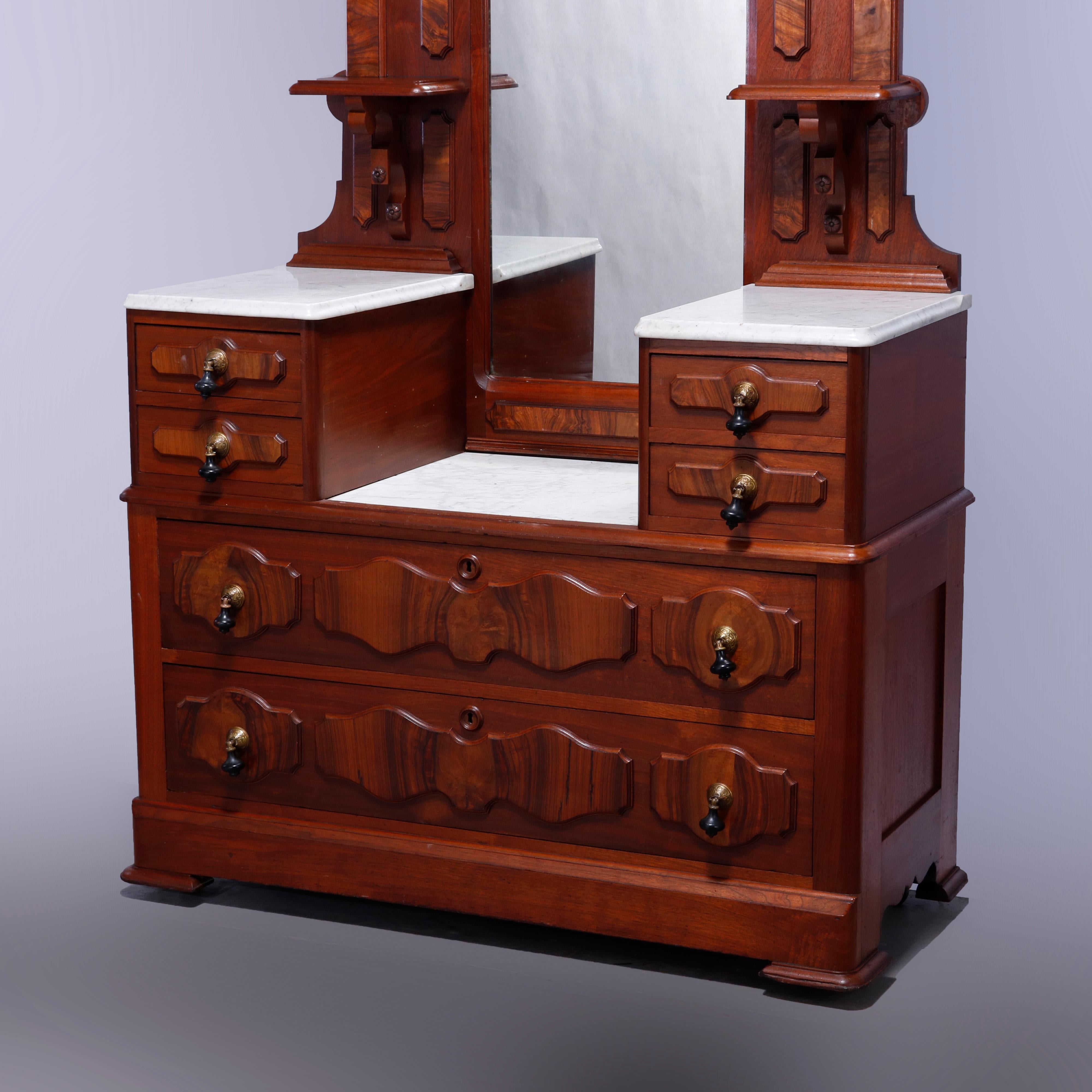 Carved Antique Renaissance Revival Walnut & Burl Marble Top Drop Center Dresser, c1880