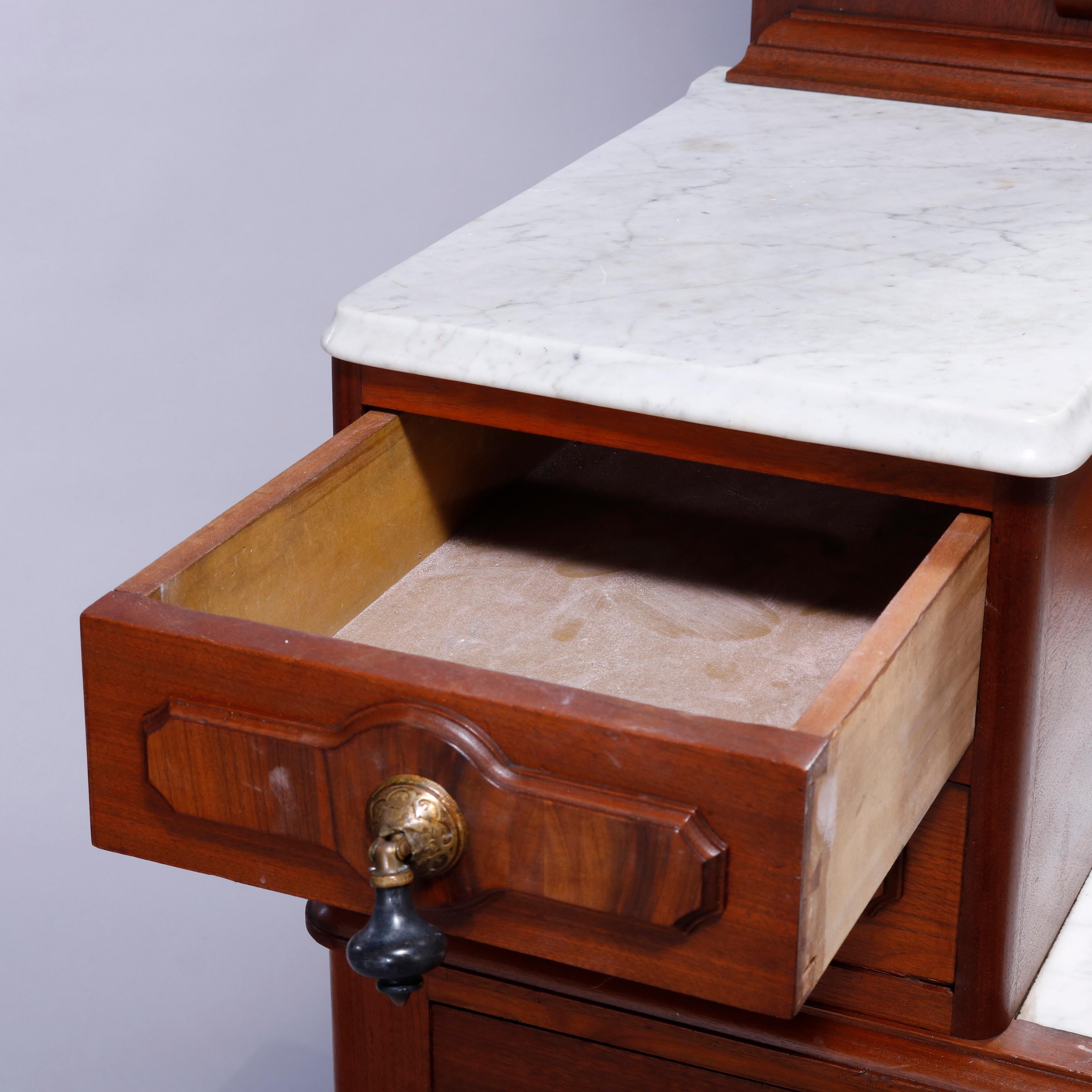 Metal Antique Renaissance Revival Walnut & Burl Marble Top Drop Center Dresser, c1880