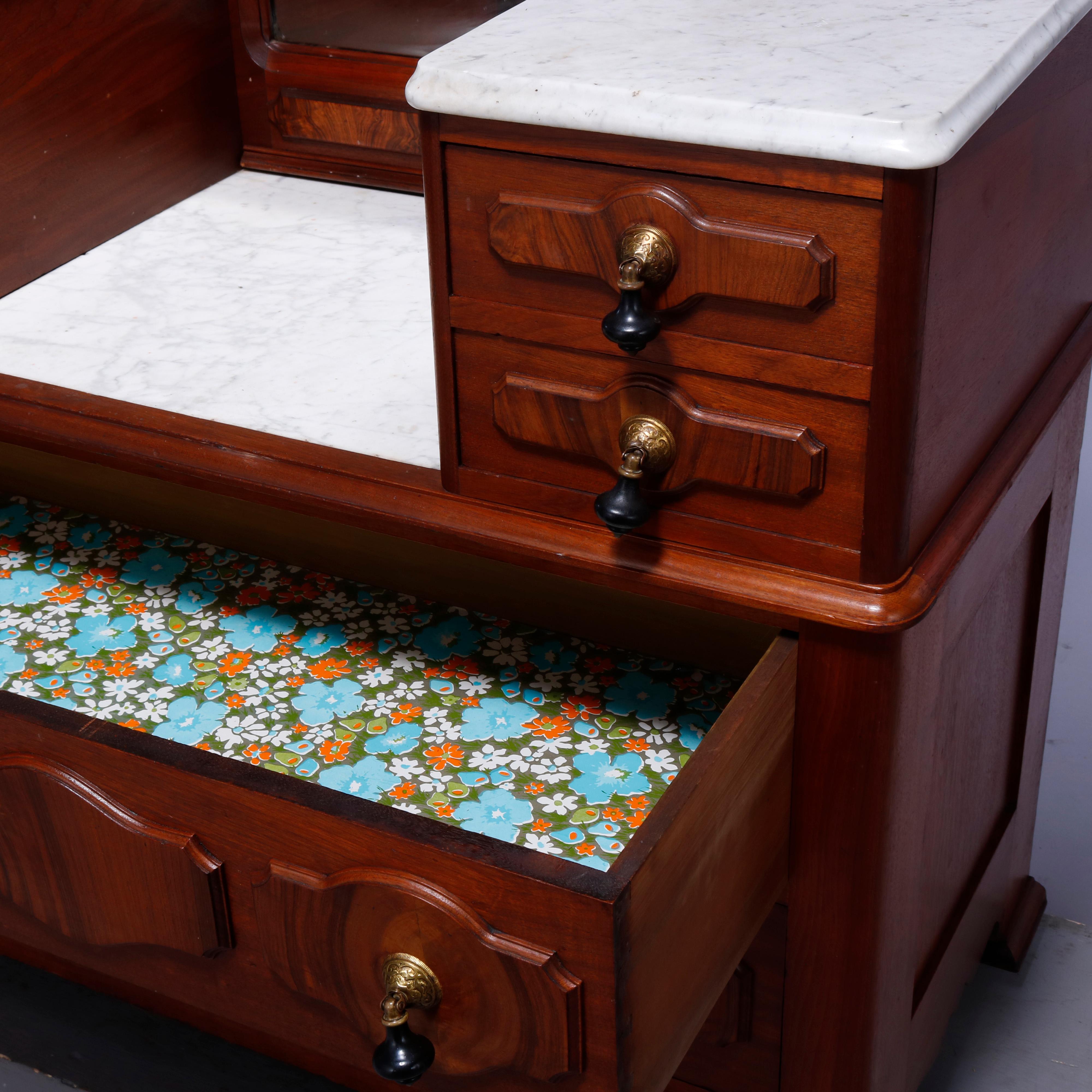 Antique Renaissance Revival Walnut & Burl Marble Top Drop Center Dresser, c1880 1