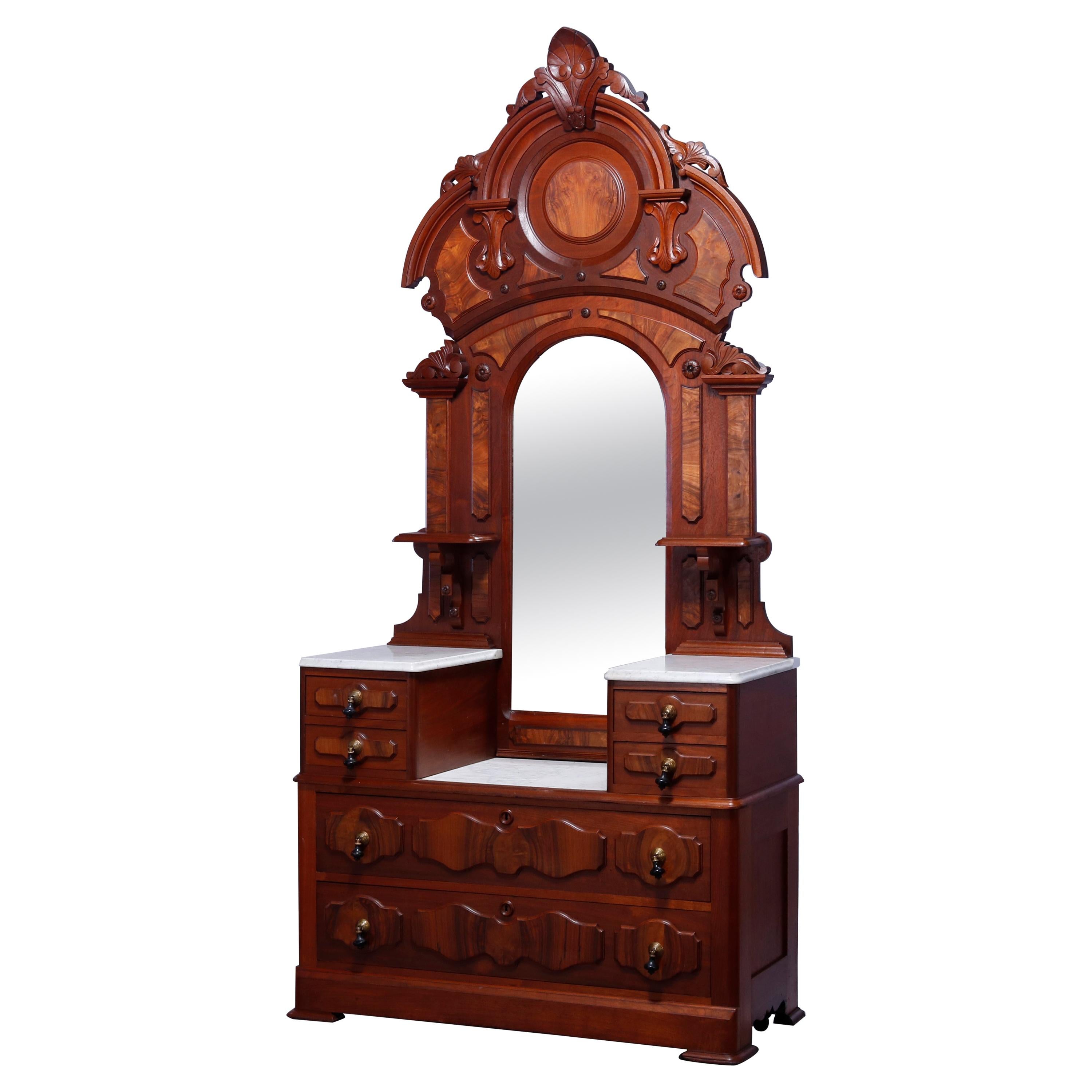 Antique Renaissance Revival Walnut & Burl Marble Top Drop Center Dresser, c1880