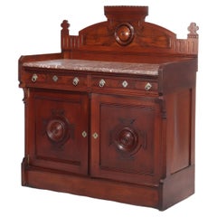 Antique Renaissance Revival Walnut & Burl Marble Top Sideboard C1890