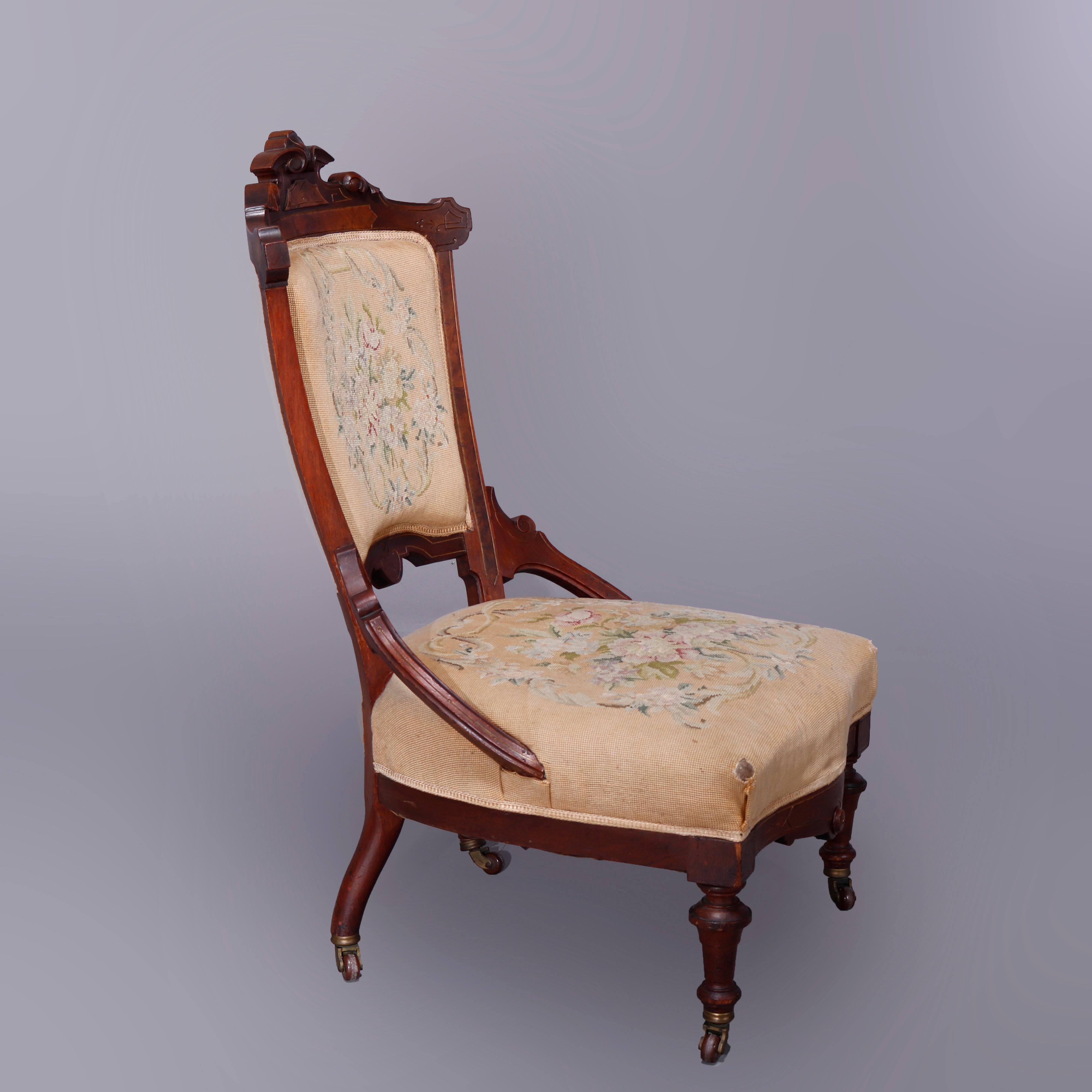 Upholstery Antique Renaissance Revival Walnut, Burl & Needlepoint Parlor Chairs, c1890 For Sale