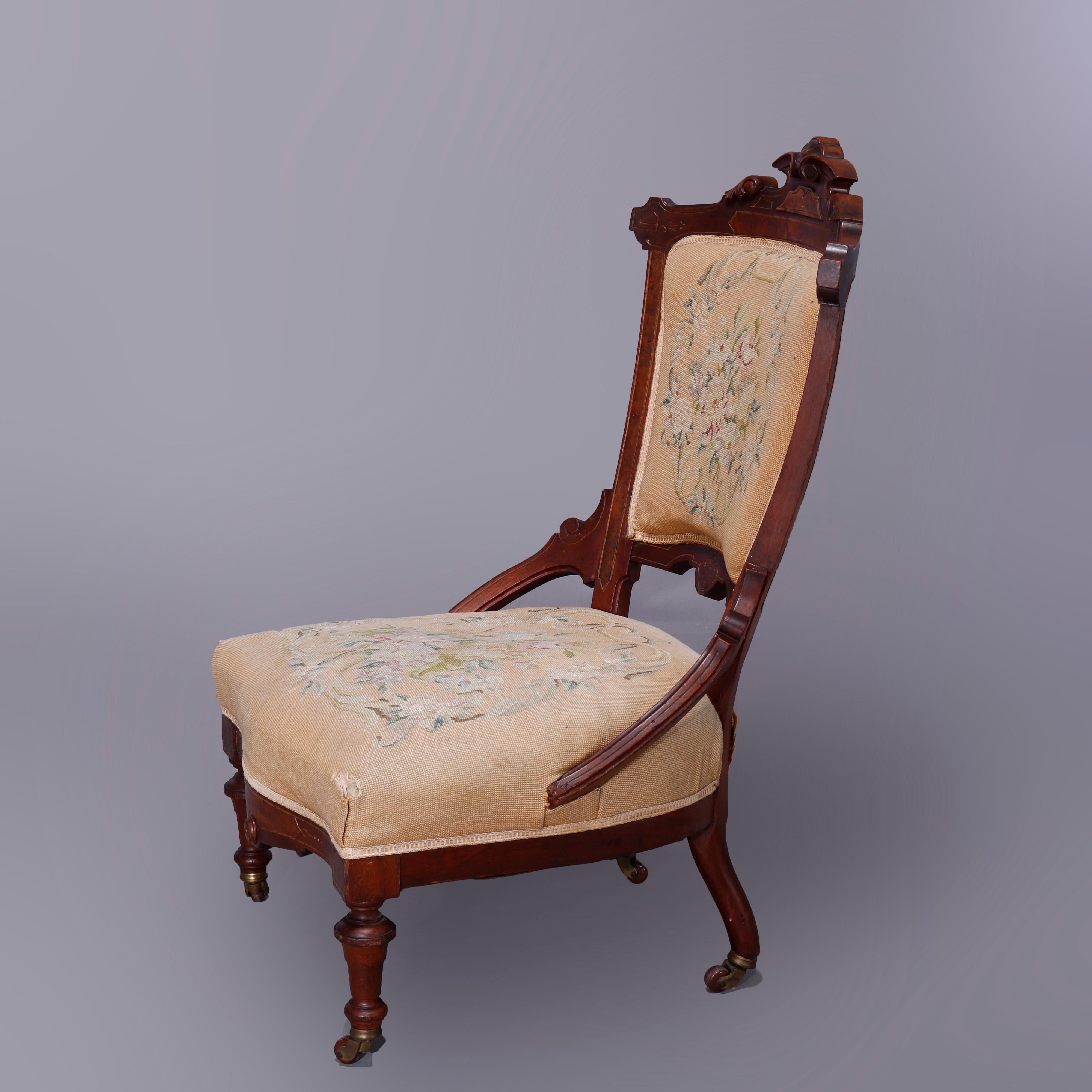 Antique Renaissance Revival Walnut, Burl & Needlepoint Parlor Chairs, c1890 For Sale 1