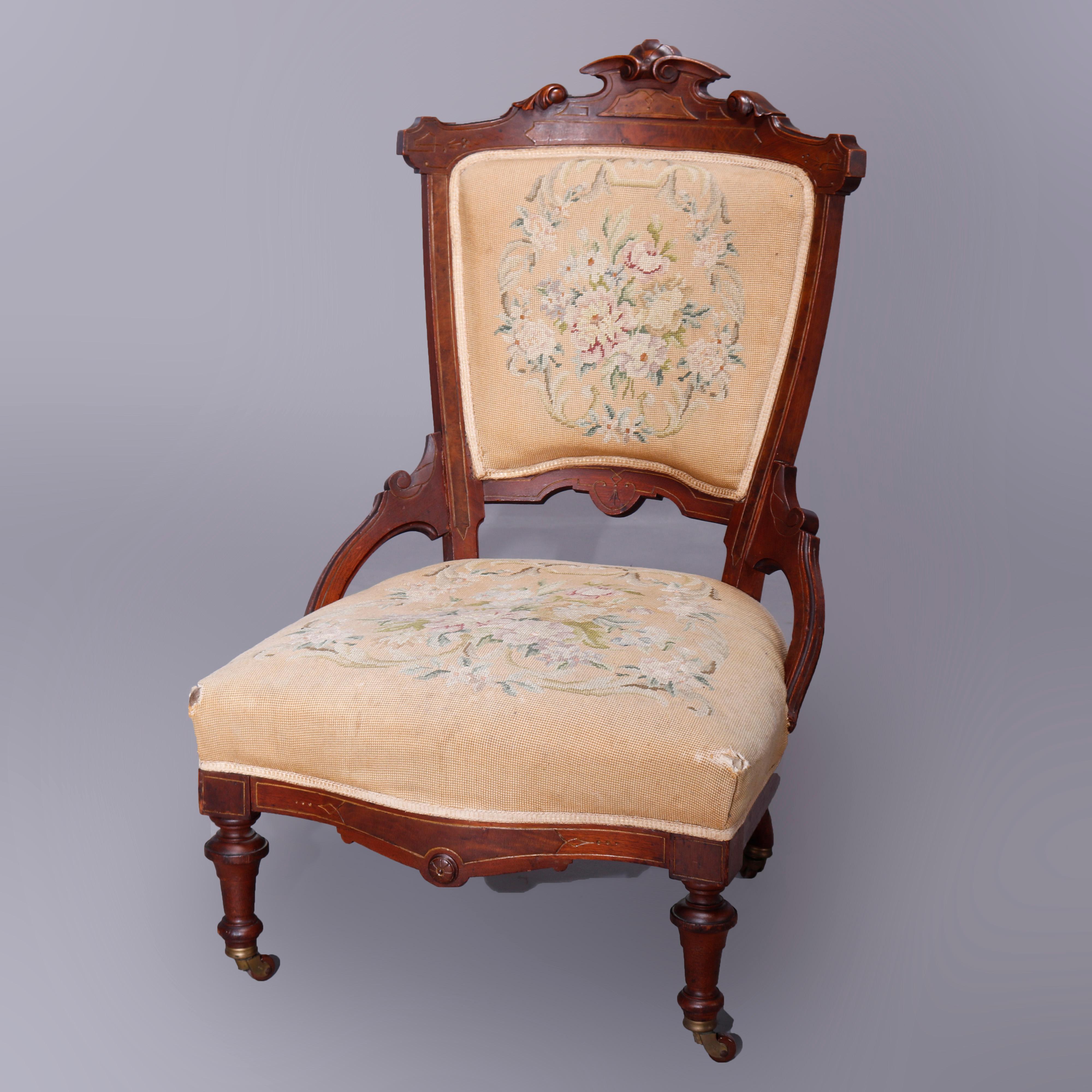 European Antique Renaissance Revival Walnut, Burl & Needlepoint Parlor Chairs, c1890 For Sale